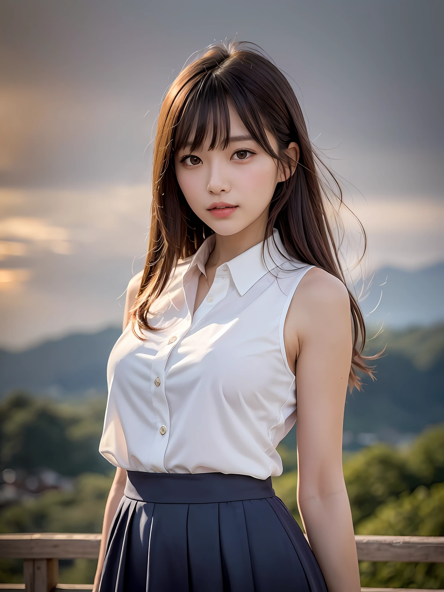 mastepiece, 1 girl per 1 photo, cowboy shot, angle of looking subject up, front view, a Japanese young pretty girl, standing alone on a hill surrounded by mountains of a countryside of Japan, a big smile, glamorous figure, wearing a sleeveless shiny satin white blouse with collared, wearing a short length light brown culottes skirt, behind her fireworks in the sky of the night at the fireworks festival, hyper cute face, glossy lips, double eyelids for both eyes, natural makeup, shiny smooth light brown hair of long bob hair, asymmetrical bangs, tanned skin, central image, 8K resolution, high detail, detailed hairstyle, detailed face, cinematic lighting, octane rendering, hyper realistic, perfect limbs, perfect anatomy