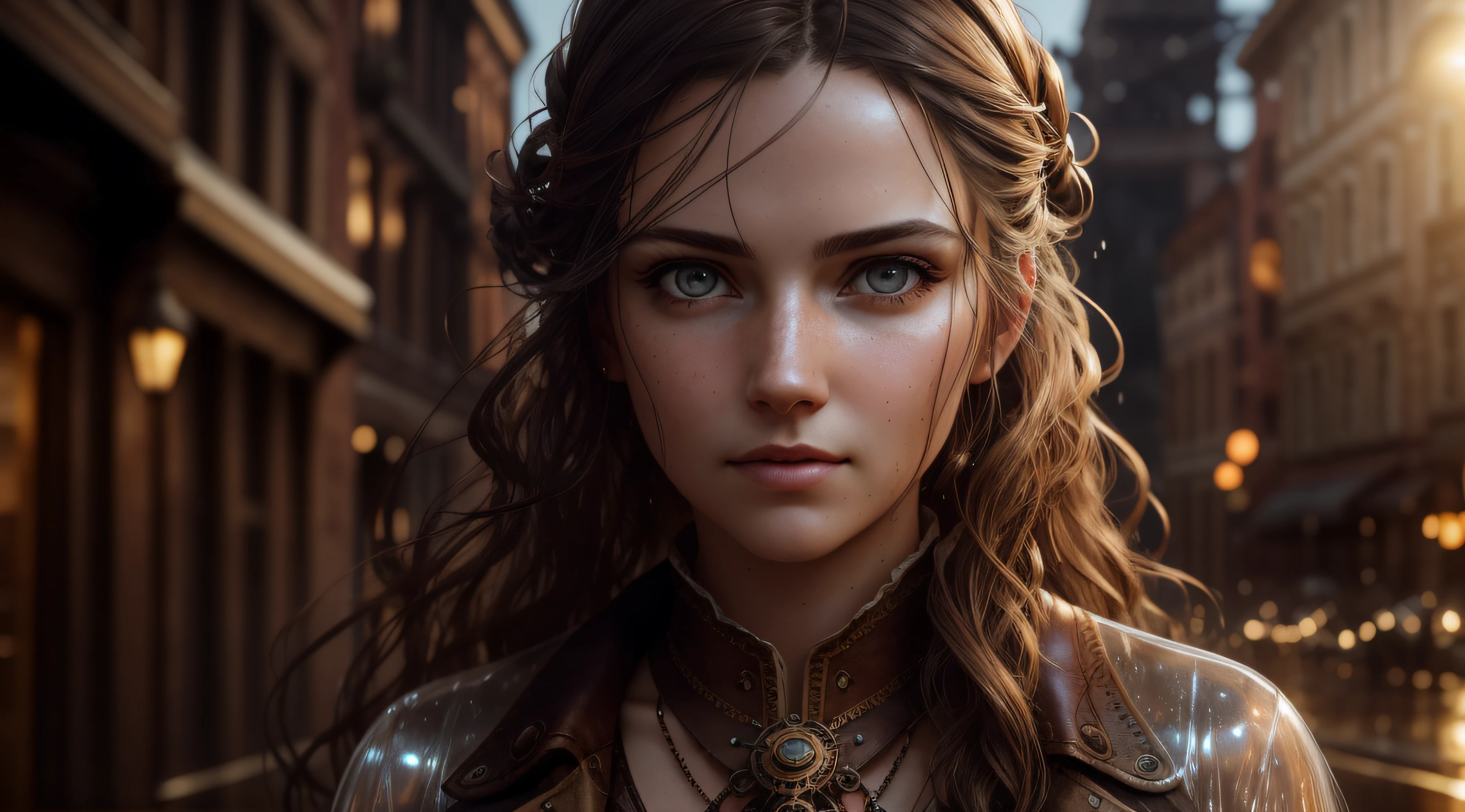 portrait photography, beautiful young steampunk woman with transparent western tunic dress, soaked, eyes visible through hair, proper eye position, natural skin, backlight, cinematic light, rim light, soft light , hips, in night time, city side background, detailed color graded background, intricate , highly detail, octane render, HD, 8k, by Annie Leibovitz