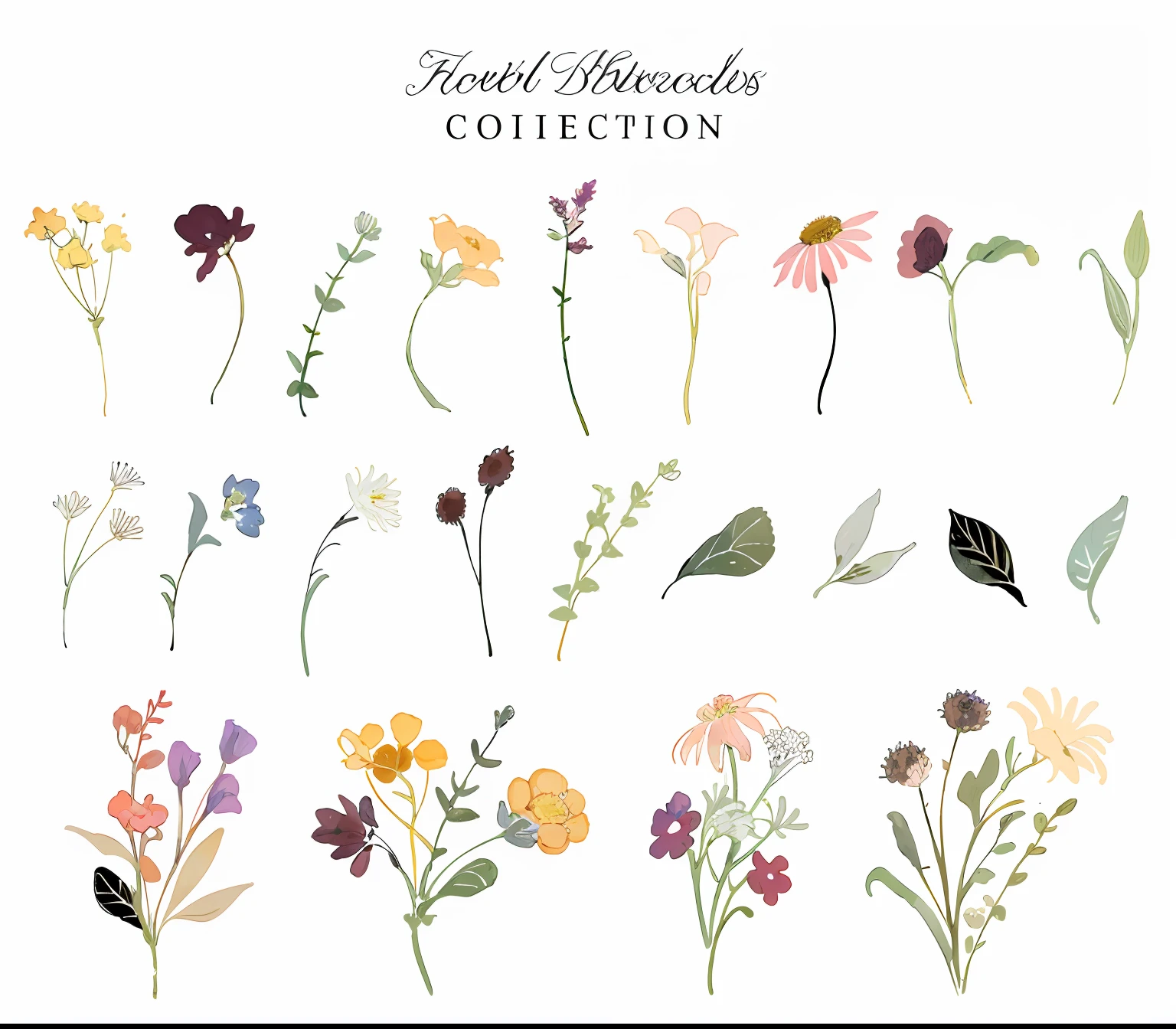 Set of watercolor flowers and leaves on white background, flower elements, botanical watercolors, flowers and stems, floral motives, boho floral vines, Watercolor illustration style, flora, floral flowers colorful, detailed beautiful plants, Flat color, Watercolor illustration, floral growth, Floral details, wildflowers, Field flowers, flower ornament, flat colour, Animals
Negative label