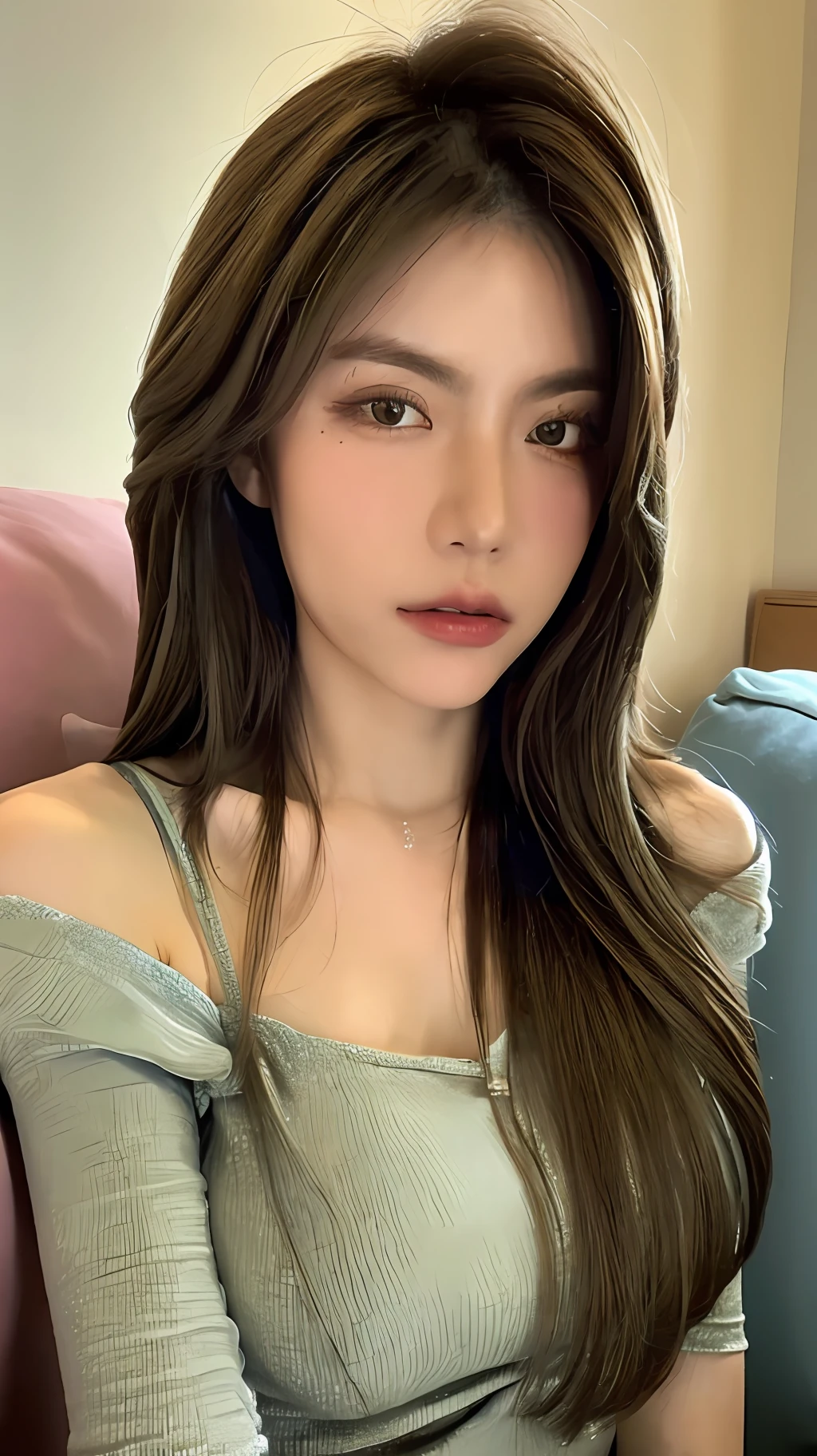 ((Night view, realistic light, best quality, 8k, masterpiece: 1.3)), 1girl, pretty woman with slim figure: 1.4, (brown hair, medium breasts: 1.3), off-the-shoulder cut top: 1.3, sofa, super detailed face, detailed eyes, double eyelids