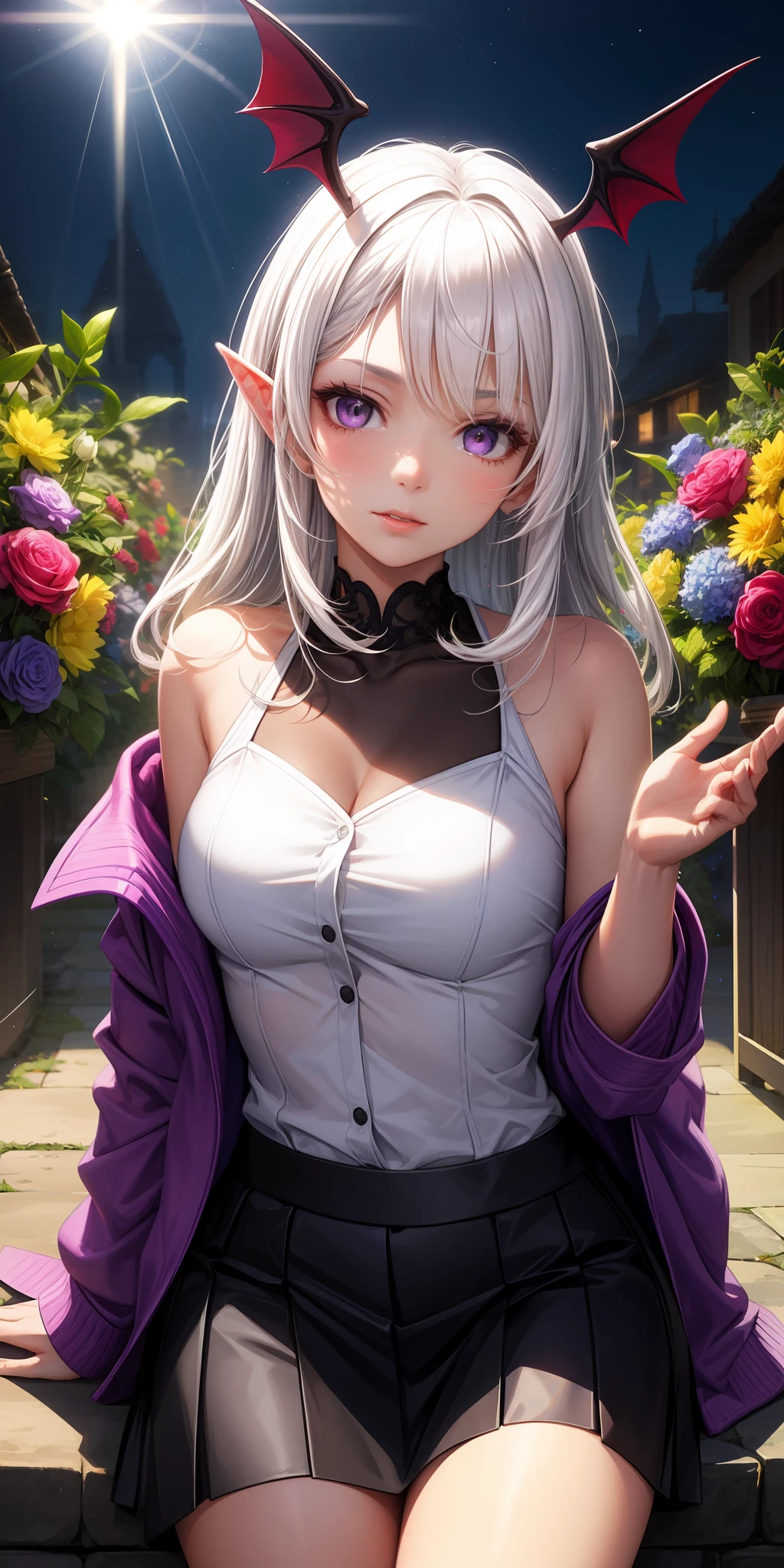 realisticlying，1girl，White hair，Purple eye，glowing light eyes，Cut the top，a skirt，parted lip，Be red in the face，the night，fresh flowers，suns，rays of sunshine，seductiv，succubi