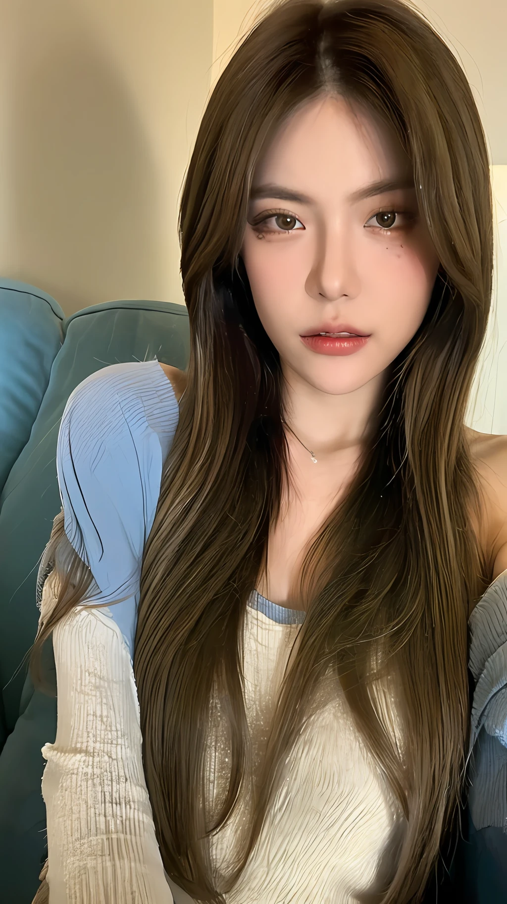 ((Night view, realistic light, best quality, 8k, masterpiece: 1.3)), 1girl, pretty woman with slim figure: 1.4, (brown hair, medium breasts: 1.3), off-the-shoulder cut top: 1.3, sofa, super detailed face, detailed eyes, double eyelids