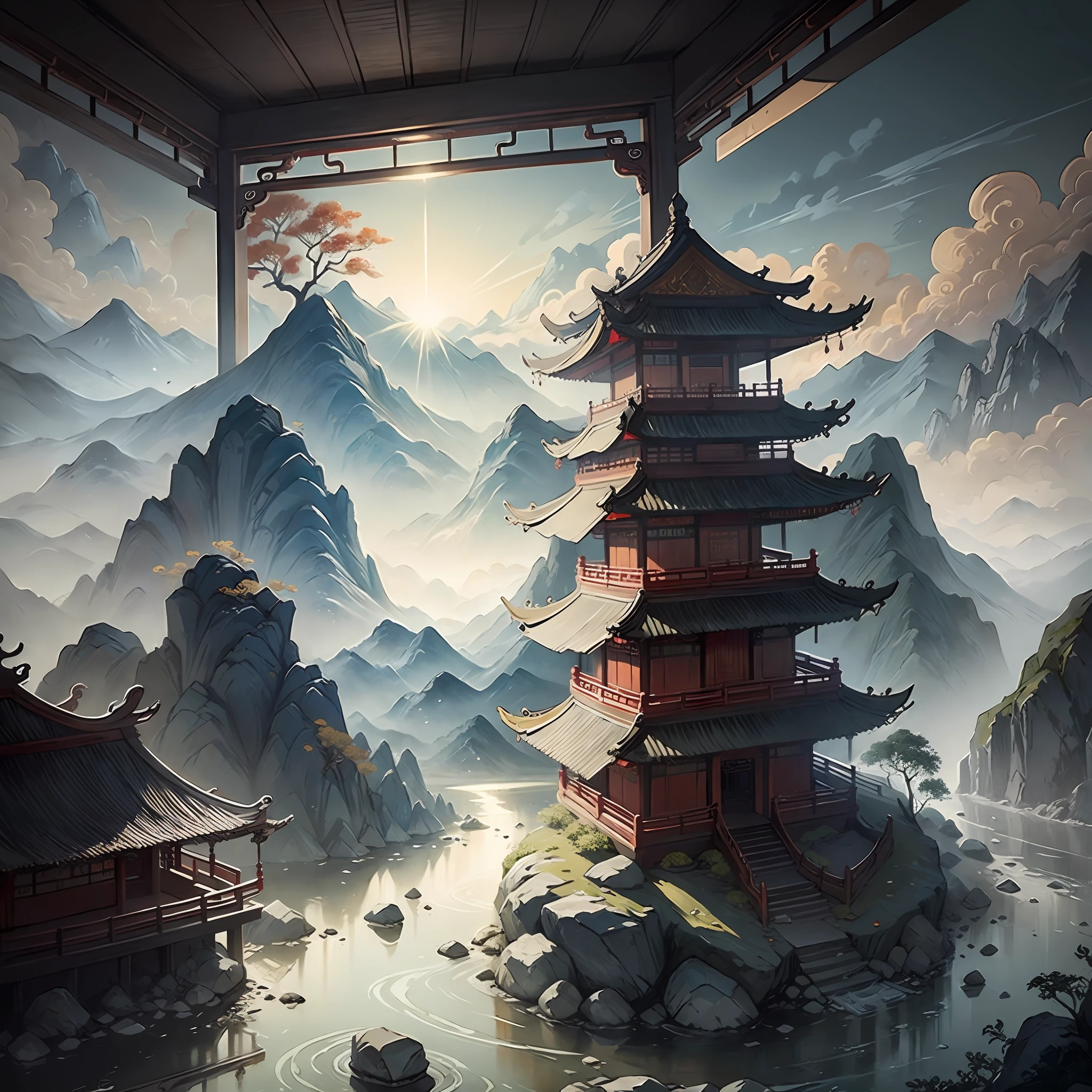 ancient chinese painting, ancient chinese background, mountains, river, auspicious clouds, pavilions, sunlight, masterpiece, super detail, epic composition, ultra hd, high quality, extremely detailed, official art, unified 8k wallpaper, super detail