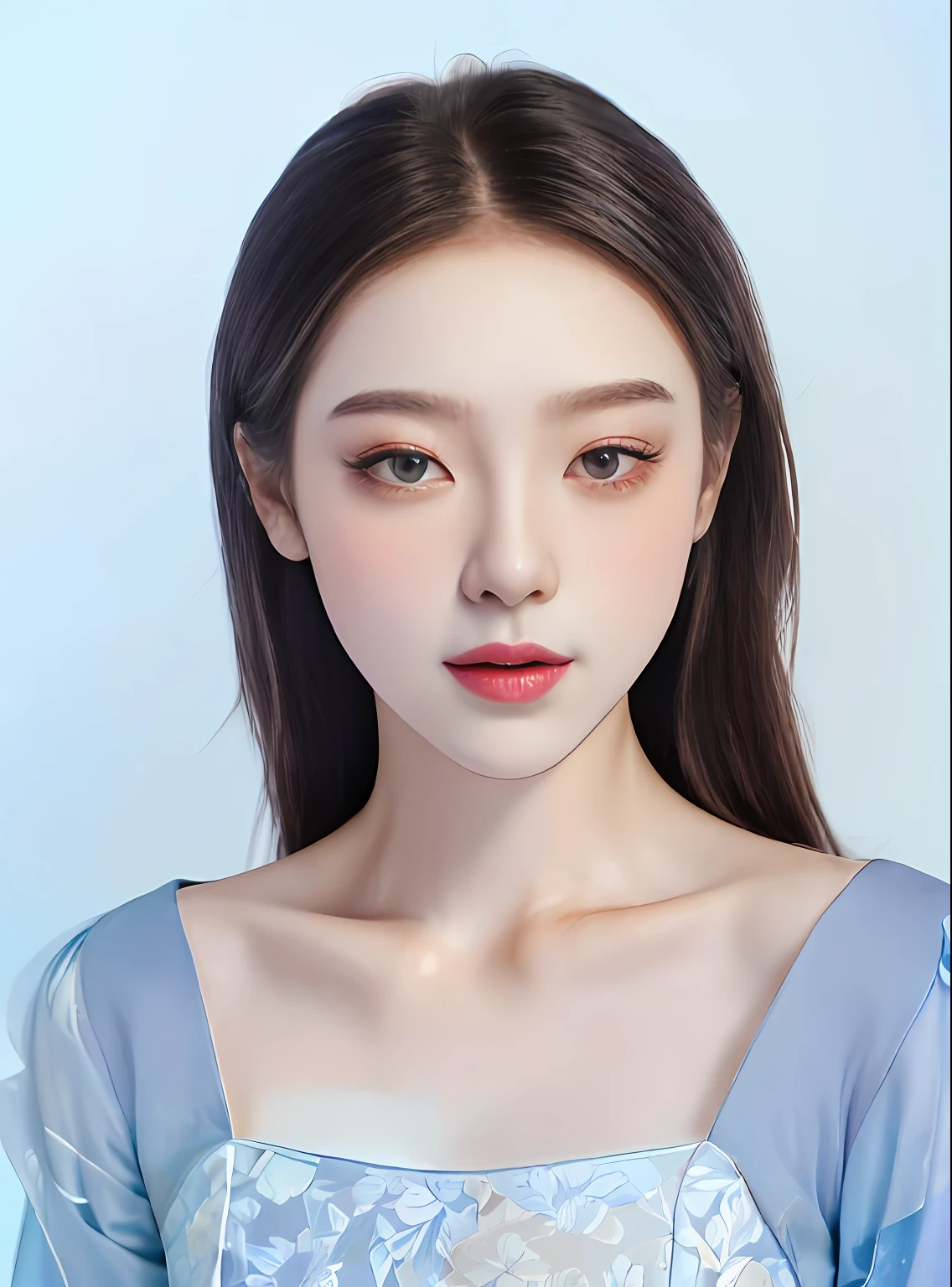 a close up of a woman with long hair wearing a blue dress, Gorgeous young Chinese woman, cabelos preto e longos,blue tshirts,Single Eyelids,Korean symmetrical face, cute delicate face, beautiful delicate face, solid color backdrop,Pale color background,Korean face features, beautiful aesthetic face, Pastel portrait shot 8K,A picture,Hyper Real,ID photo,8K best quality,tmasterpiece,unitywallpaper(realisticlying,photograph realistic:1 37)Amazing,A masterpiece of exquisite detail,best qualtiy --auto