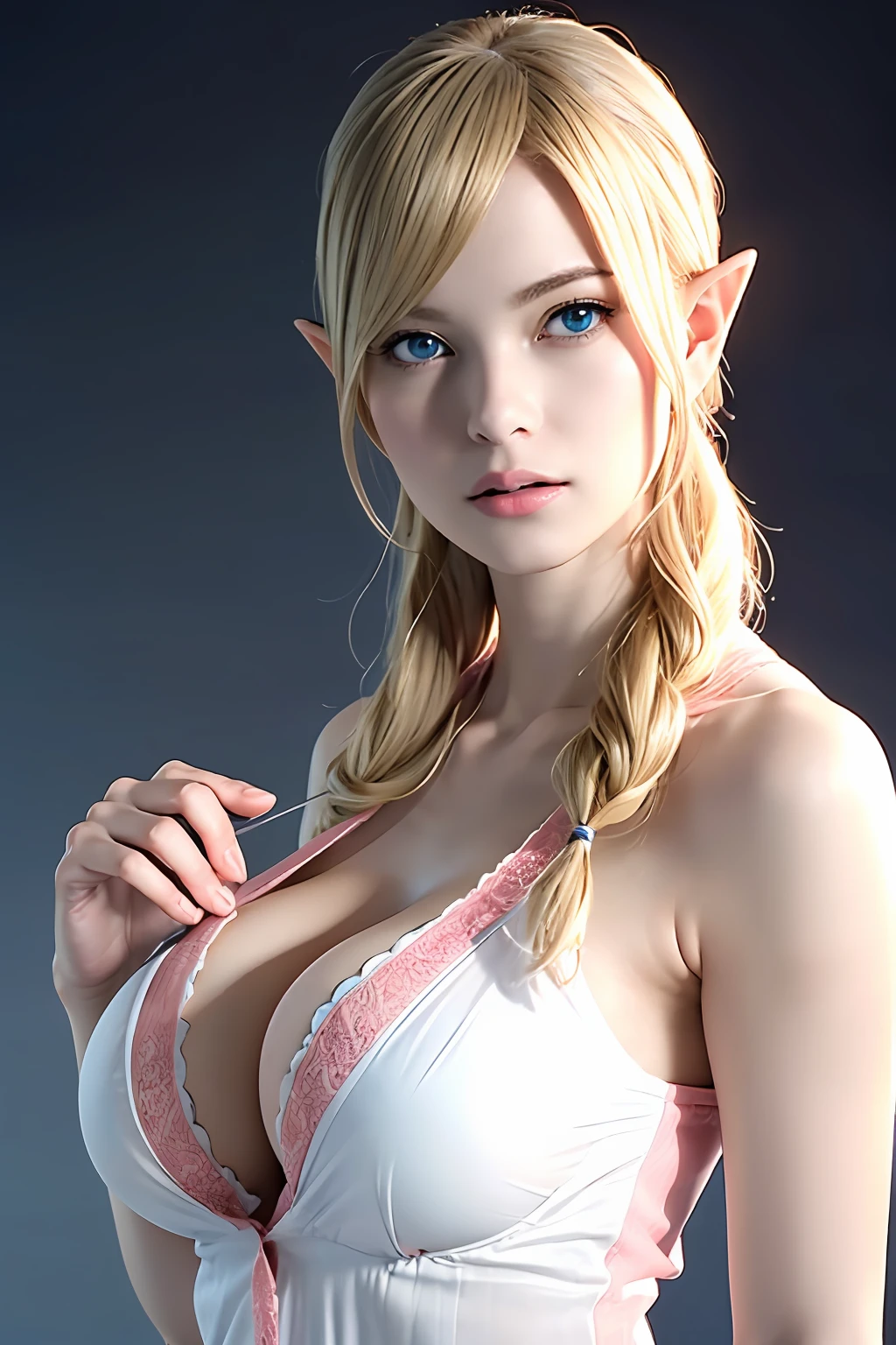 Super detailed complex 3D rendering of face, (big breasts: 8.8), (masterpiece, top quality, octane rendering,), glamour shots full body image, very beautiful young elf, cleavage, (very detailed skin: 1.2), (exposure: 1.1), cute woman getting naked. ((wearing a plummeting open shirt of white silk: 1.9, 40k, (((very soft breasts)), ((conspicuous large pink areola)). Beautiful Caucasian woman with black skin with full soft breasts and black skin of big ass, one, long braided hair, big breasts, dynamic angle, mystical expression, ultra-realistic photo, (((portrait)))), bare feet, futuristic city background, facial muscles, detailed and beautiful gold crown, in the style of Marvel Comics, ArtStation trends, clear focus, studio photography, intricate detail, highly detailed, detailed blue eyes, very detailed, sharp focus, digital rendering, professional, abs, dark grey background, ((blonde)), crotch, bare feet,
