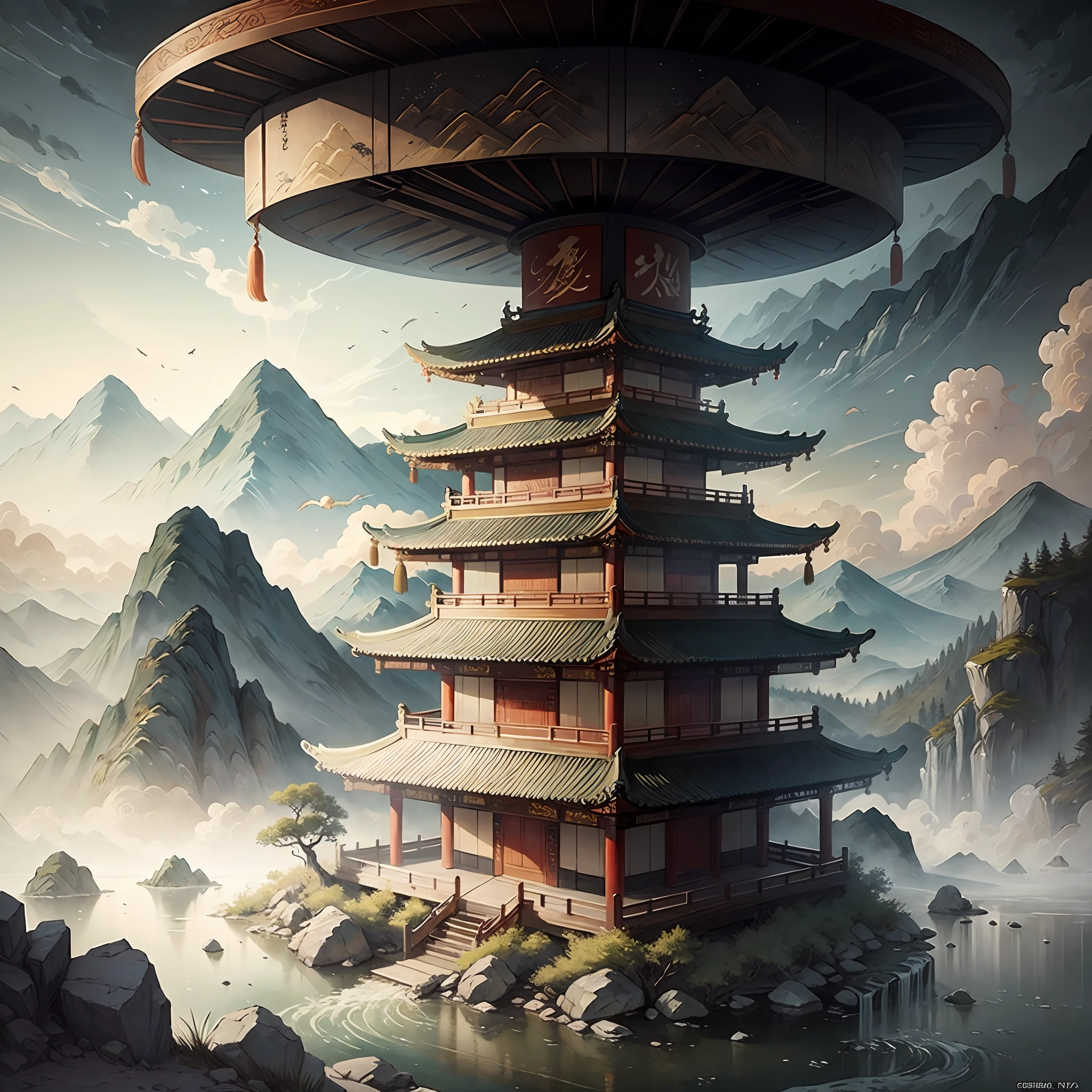 ancient chinese painting, ancient chinese background, mountains, river, auspicious clouds, pavilions, sunlight, masterpiece, super detail, epic composition, ultra hd, high quality, extremely detailed, official art, unified 8k wallpaper, super detail