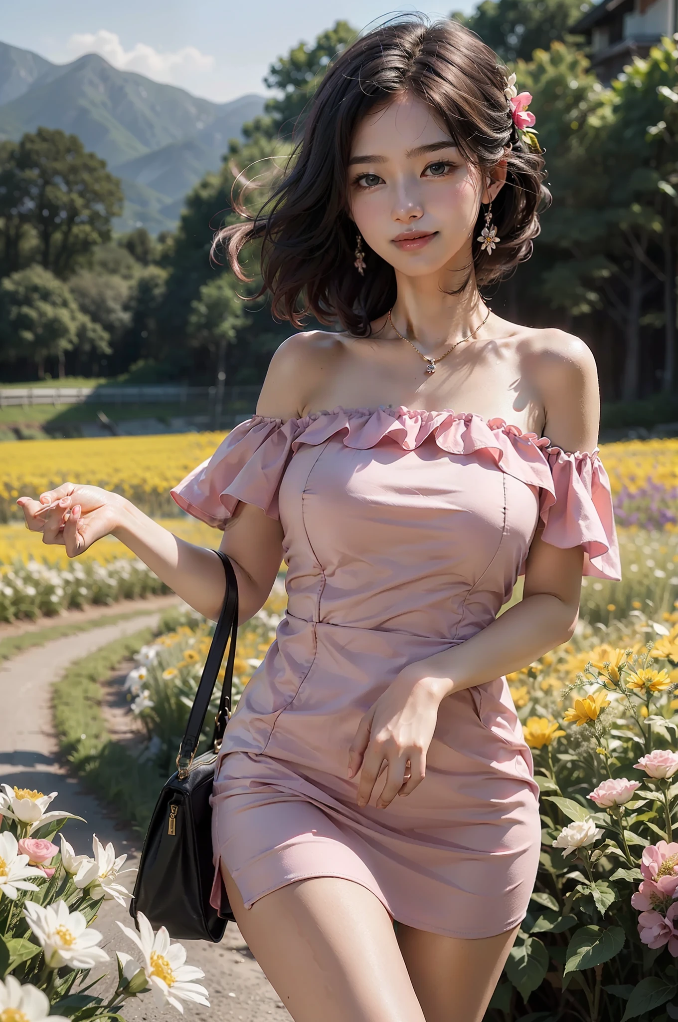 top-quality、​masterpiece、超A high resolution、(Photorealsitic:1.4)、Raw photo、女の子1人、Colossal ????、pink  ????????? shoulders、flower  field、glistning skin、lightsmile