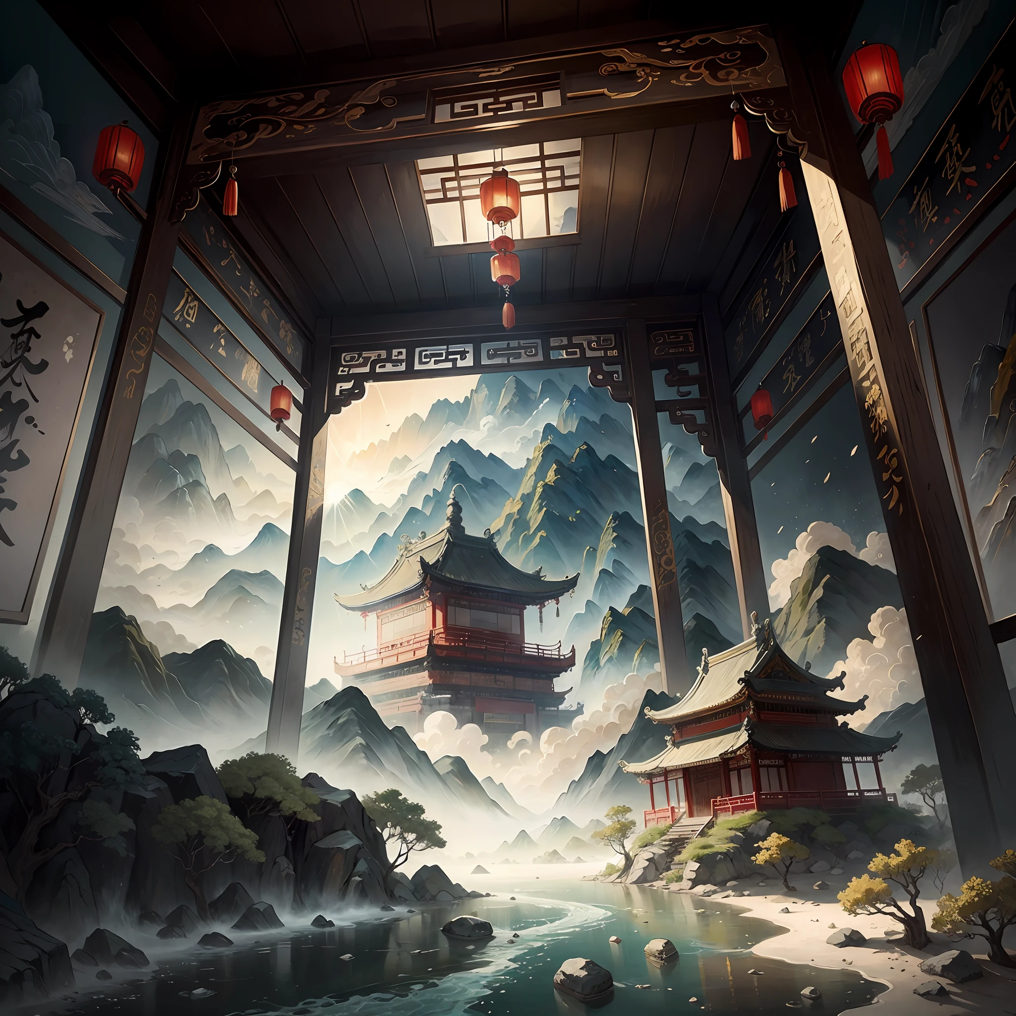ancient chinese painting, ancient chinese background, mountains, river, auspicious clouds, pavilions, sunlight, masterpiece, super detail, epic composition, ultra hd, high quality, extremely detailed, official art, unified 8k wallpaper, super detail