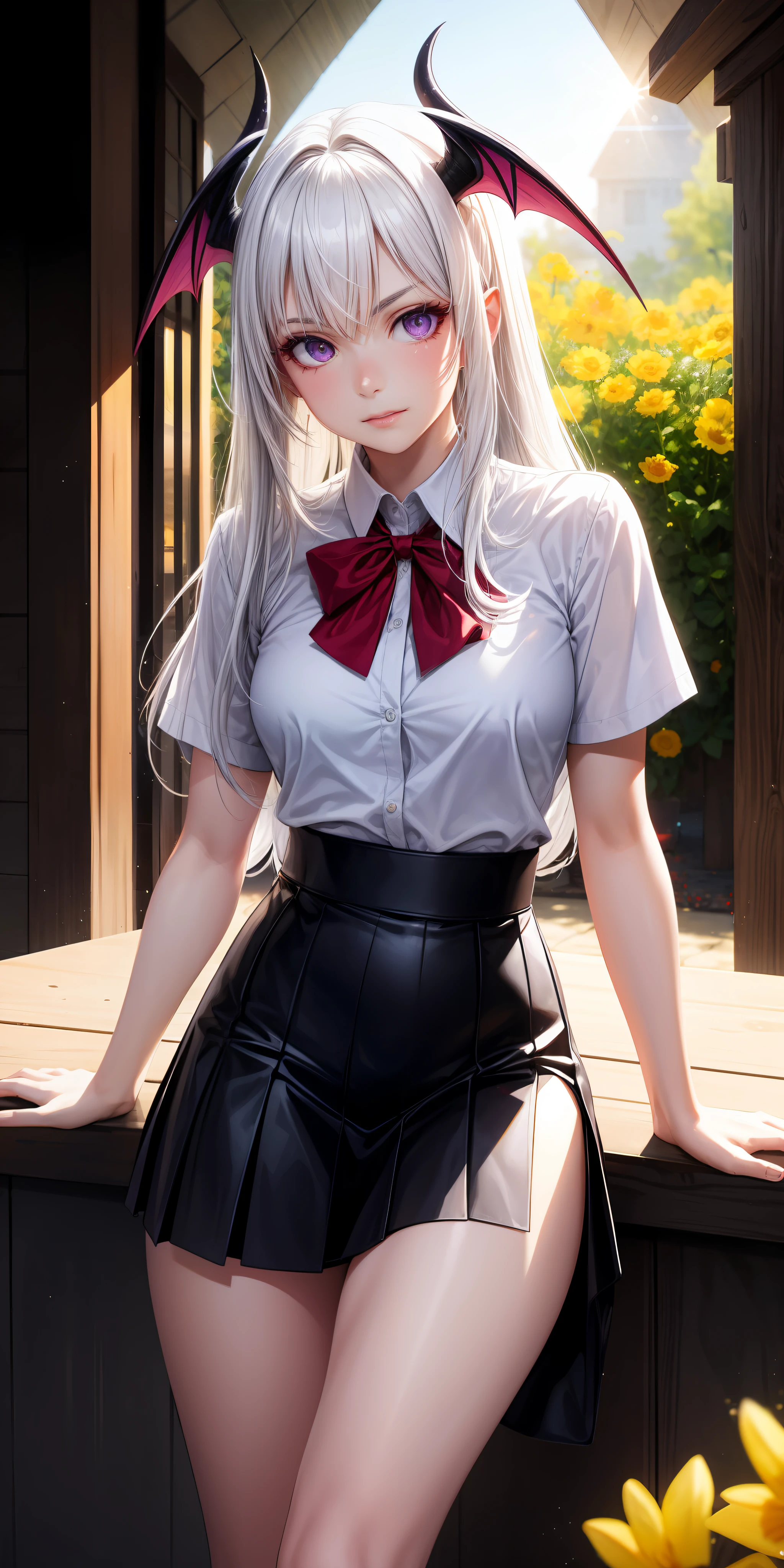 realisticlying，1girl，White hair，Purple eye，glowing light eyes，Cut the top，a skirt，parted lip，Be red in the face，the night，fresh flowers，suns，rays of sunshine，seductiv，succubi