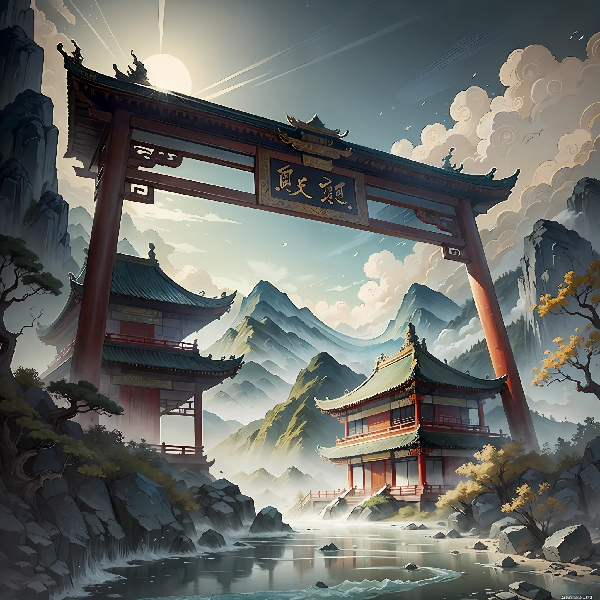 ancient chinese painting, ancient chinese background, mountains, river, auspicious clouds, pavilions, sunlight, masterpiece, super detail, epic composition, ultra hd, high quality, extremely detailed, official art, unified 8k wallpaper, super detail