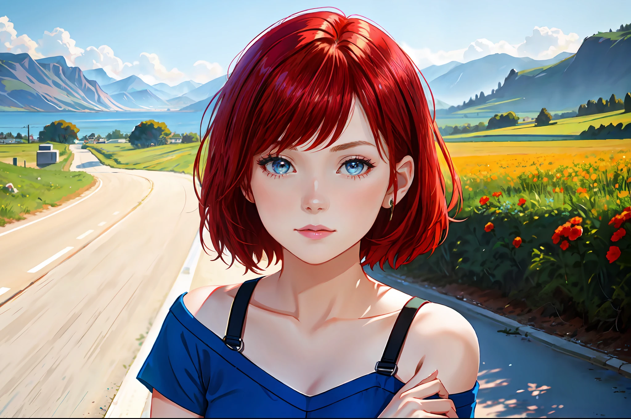 there is a young woman with a short hair and a blue shirt, a redheaded young woman, perfectly centered portrait, 7 0 mm portrait, red haired young woman, 4 k asymmetrical portrait, head centered portrait, landscape