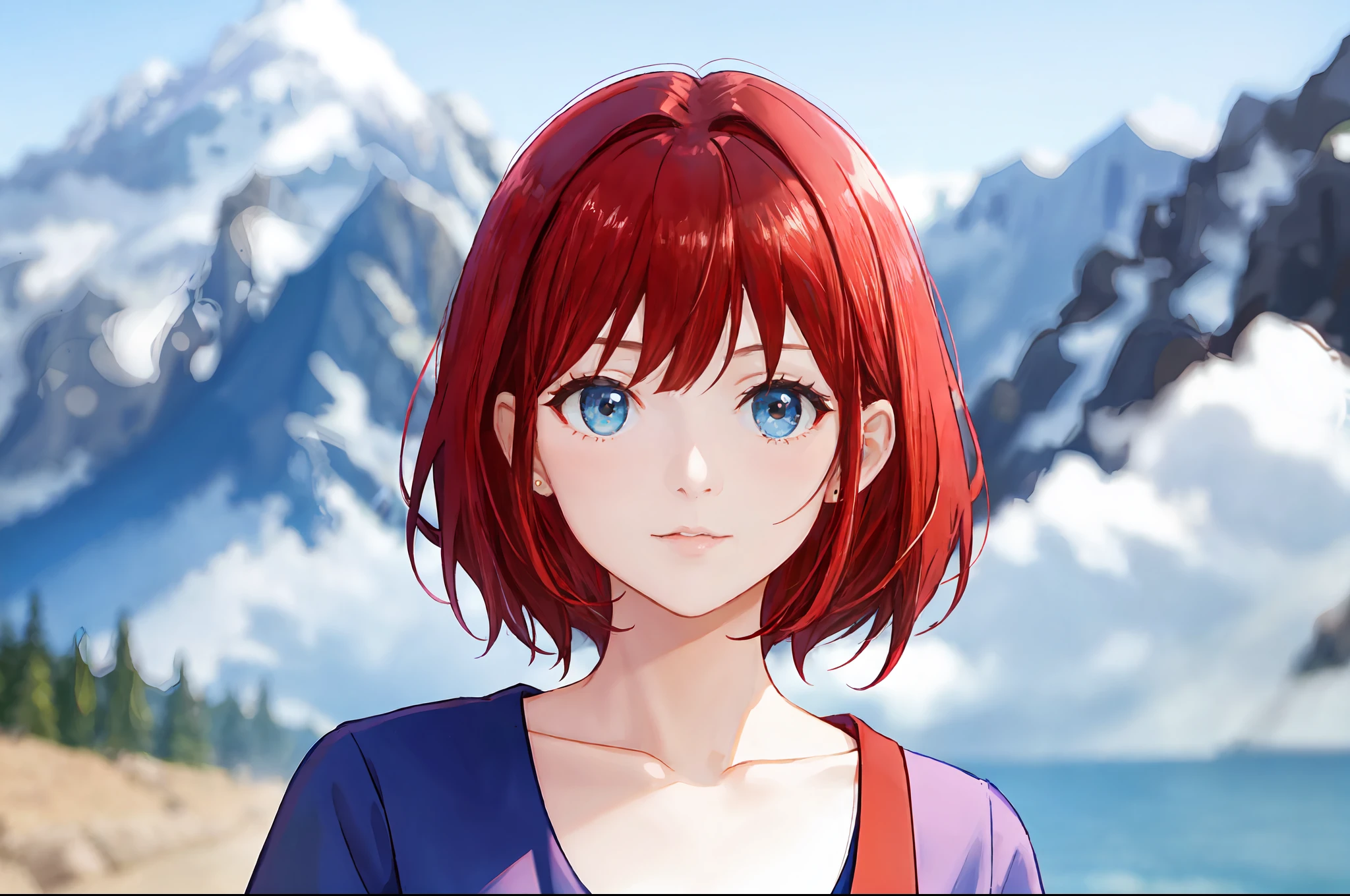 there is a young woman with a short hair and a blue shirt, a redheaded young woman, perfectly centered portrait, 7 0 mm portrait, red haired young woman, 4 k asymmetrical portrait, head centered portrait, landscape