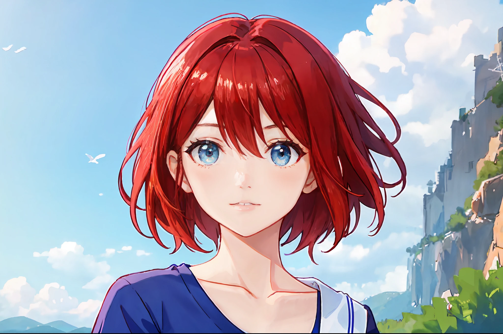 there is a young woman with a short hair and a blue shirt, a redheaded young woman, perfectly centered portrait, 7 0 mm portrait, red haired young woman, 4 k asymmetrical portrait, head centered portrait, landscape