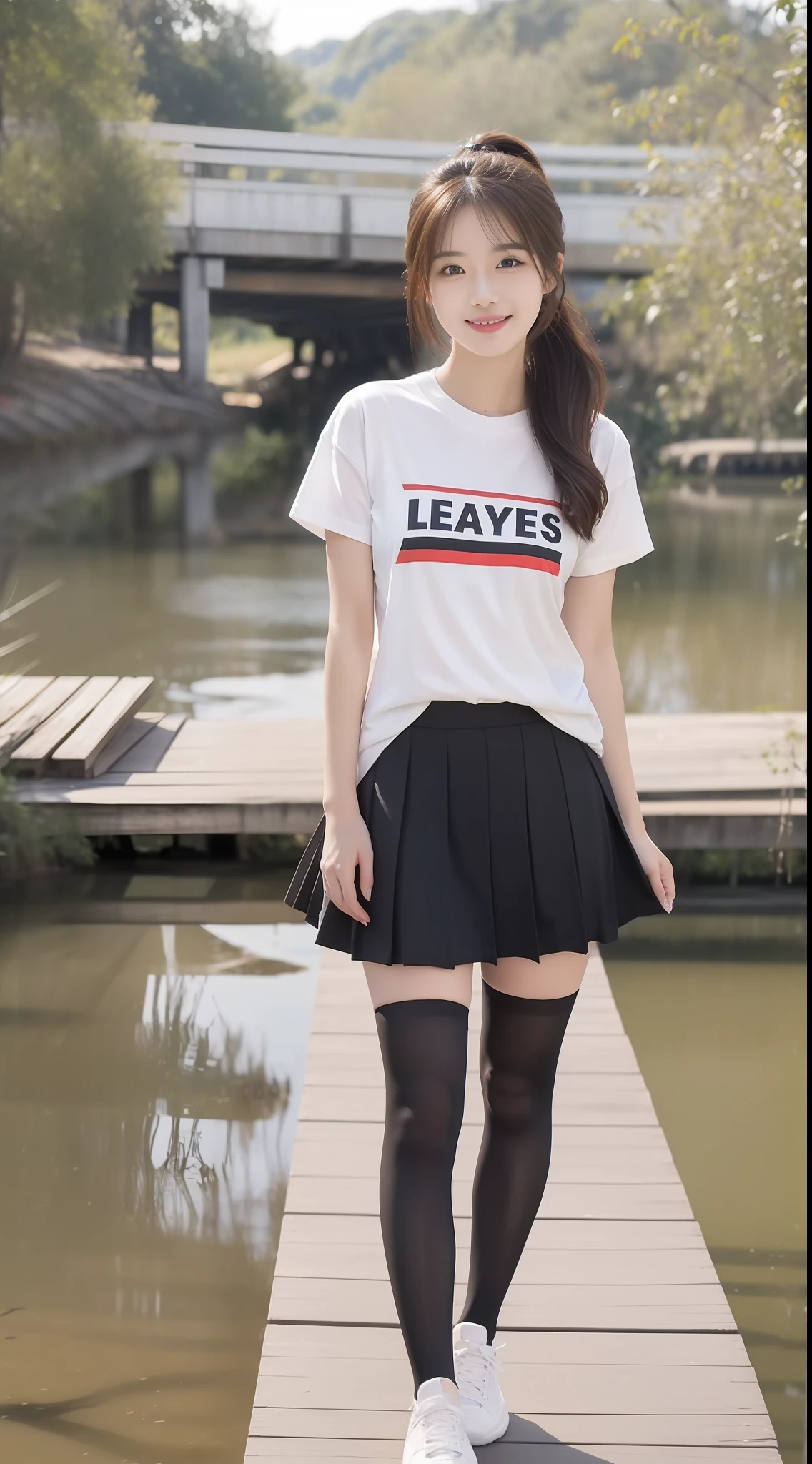 （true to life，Photorealistic 1.5）,((best qualtiy, 8K, tmasterpiece:1.3)), (二重まぶた，largeeyes:1.3),（smile1.5），（Full body photo 1.5）（One person 1.5）Clear focus 1.2, Perfect body beauty:1.4 , Delicate skin1.1，（Long brown hair 1.5），（Delicate facial features1.4），（Pure desire 1.3）(Black over-the-knee stockings 1.5)（double-ponytail，1.5），Cute white T-shirt，a black pleated skirt，Slender legs，athletic sneakers，A wooden bridge standing on the stream
