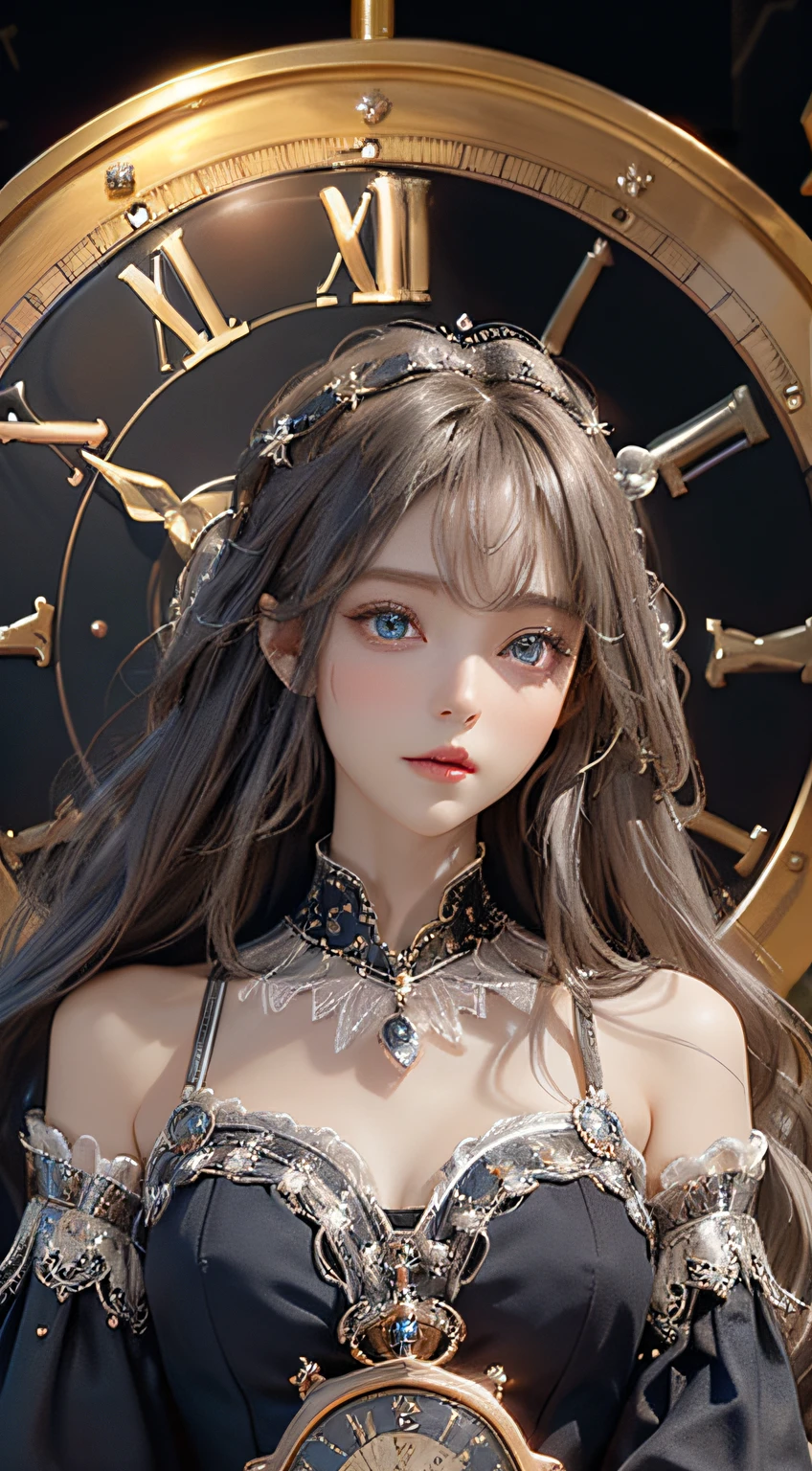 1girl ,{Background (In a huge clock)}, {Deep black blue eyestwinkling with the stars}, {Beautiful ta},(beautiful detailed eyes),long_ hair,{loli{clock style magic array}}},With magic feathers floating around,{masterpiece}, {(best quality)},{high-quality},{{magic clock dial}}, {darker light}, {flat chest}, {warm tone},silver_hair,magic_circle, ,{Animation style}, {{The silver whirlwind revolving around the characters}},