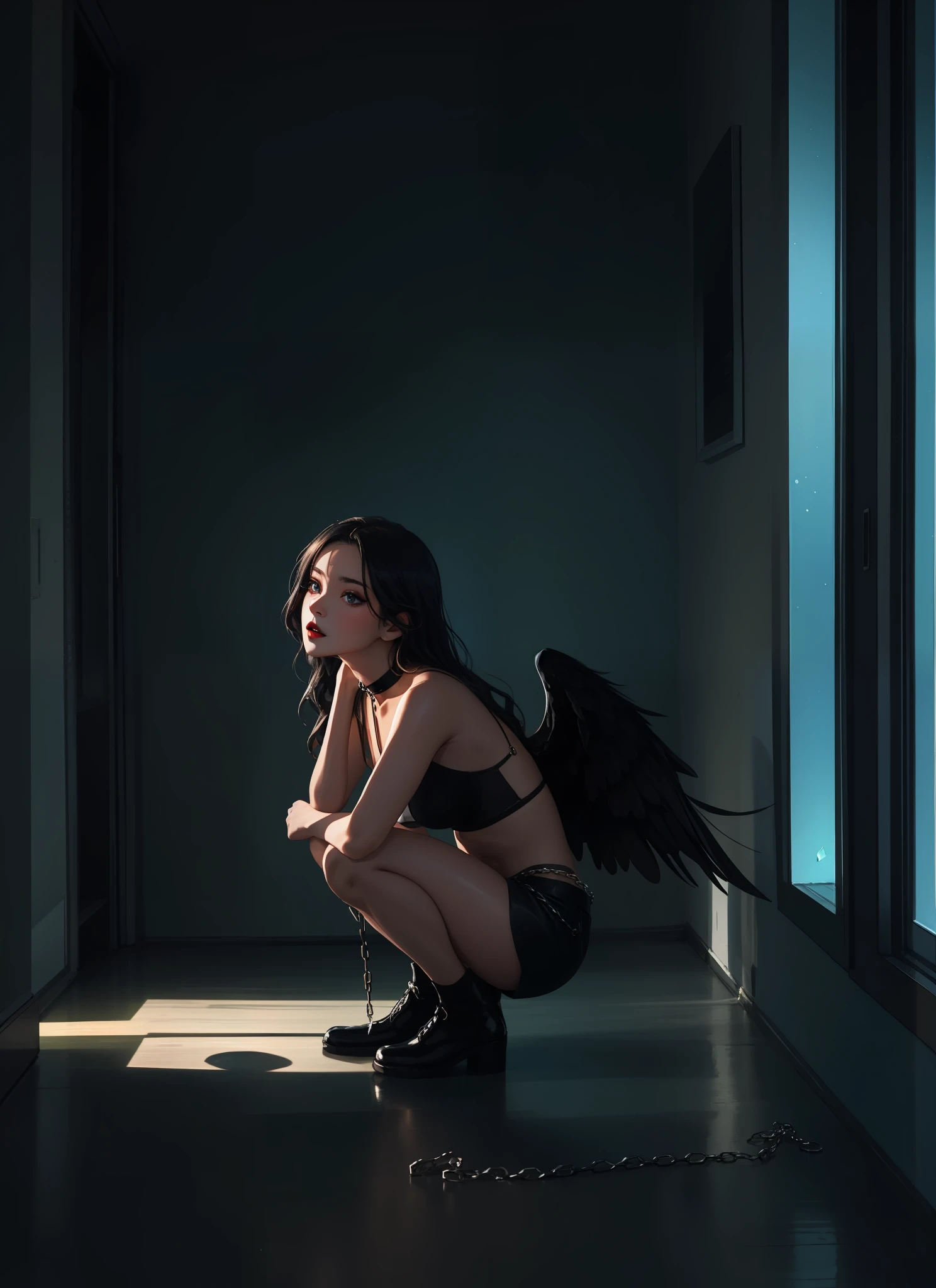 Model: long wavy black hair, full dark lips, Smoky eyes, BREAK, Setting: Room with black light, Broken glass, neon lights, BREAK, bodypaint: Polychromatic geometric patterns, Torso cover, Arms and legs, BREAK, Accessories: chrome chains for the body, Silver Choker, black feathered wings, BREAK, the pose: crouching, The head is tilted upwards, Looking to the future with a glance.