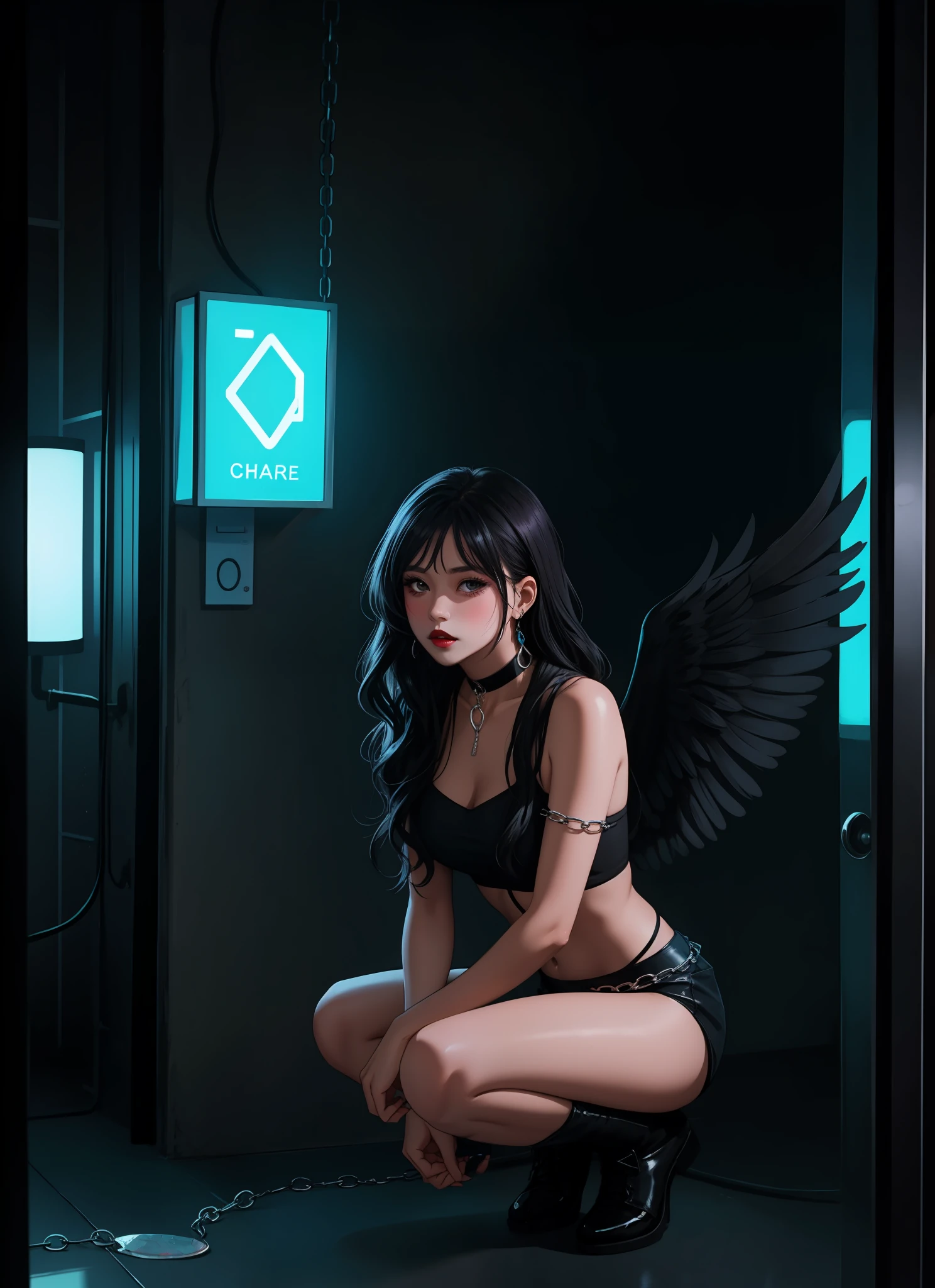 Model: long wavy black hair, full dark lips, Smoky eyes, BREAK, Setting: Room with black light, Broken glass, neon lights, BREAK, bodypaint: Polychromatic geometric patterns, Torso cover, Arms and legs, BREAK, Accessories: chrome chains for the body, Silver Choker, black feathered wings, BREAK, the pose: crouching, The head is tilted upwards, Looking to the future with a glance.