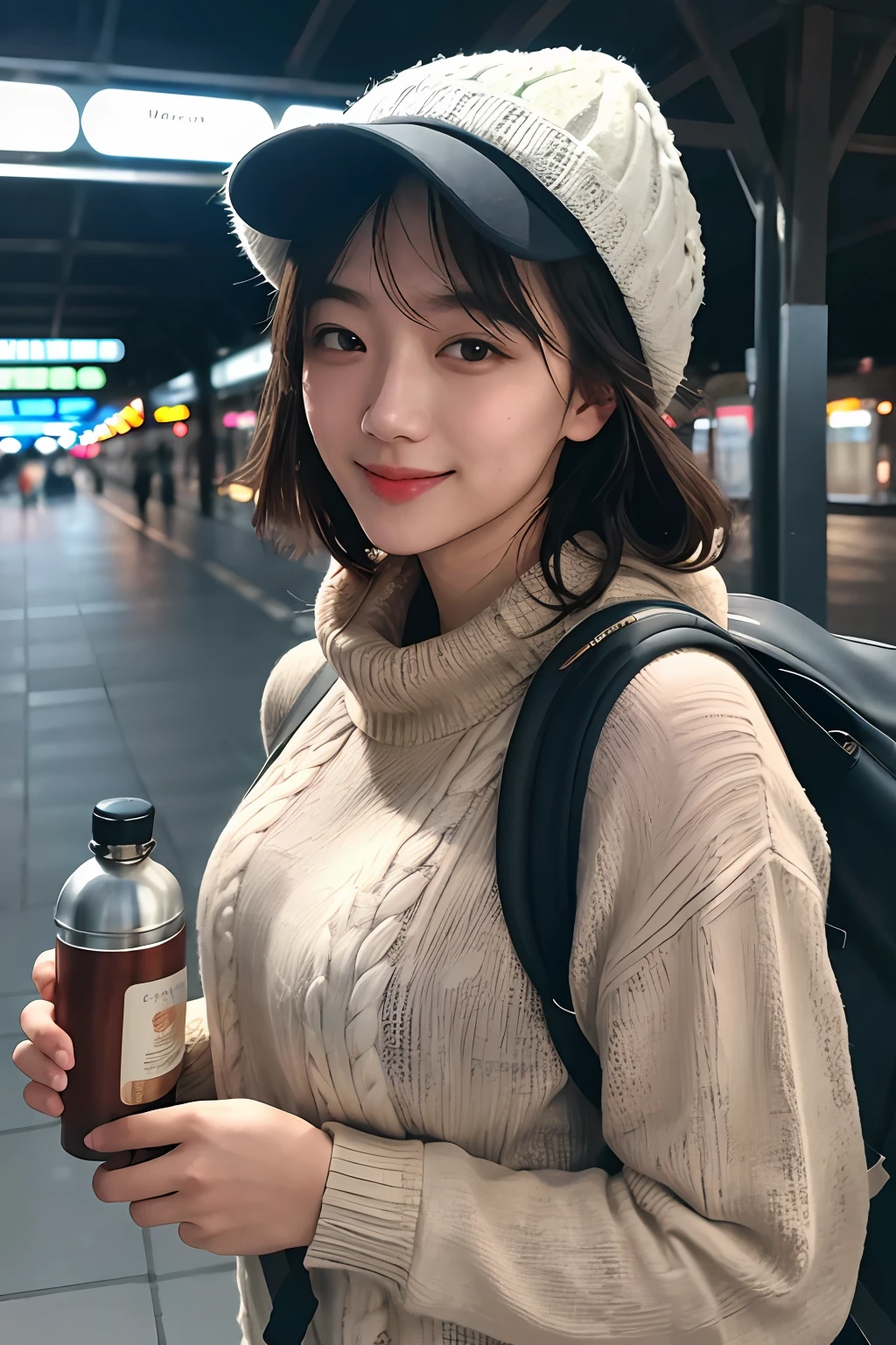 1 woman ((upper body selfie, happy)), masterpiece, best quality, ultra-detailed, solo, outdoors, (night), train station, cheerful, happy, backpack, water bottle, sweater, hat, urban, smoke, shadows, contrast, clear sky, analog style (look at viewer:1.2) (skin texture) (film grain:1.3), (warm hue, warm tone:1.2), close up, cinematic light, sidelighting, ultra high res, best shadow, RAW, upper body, wearing pullover