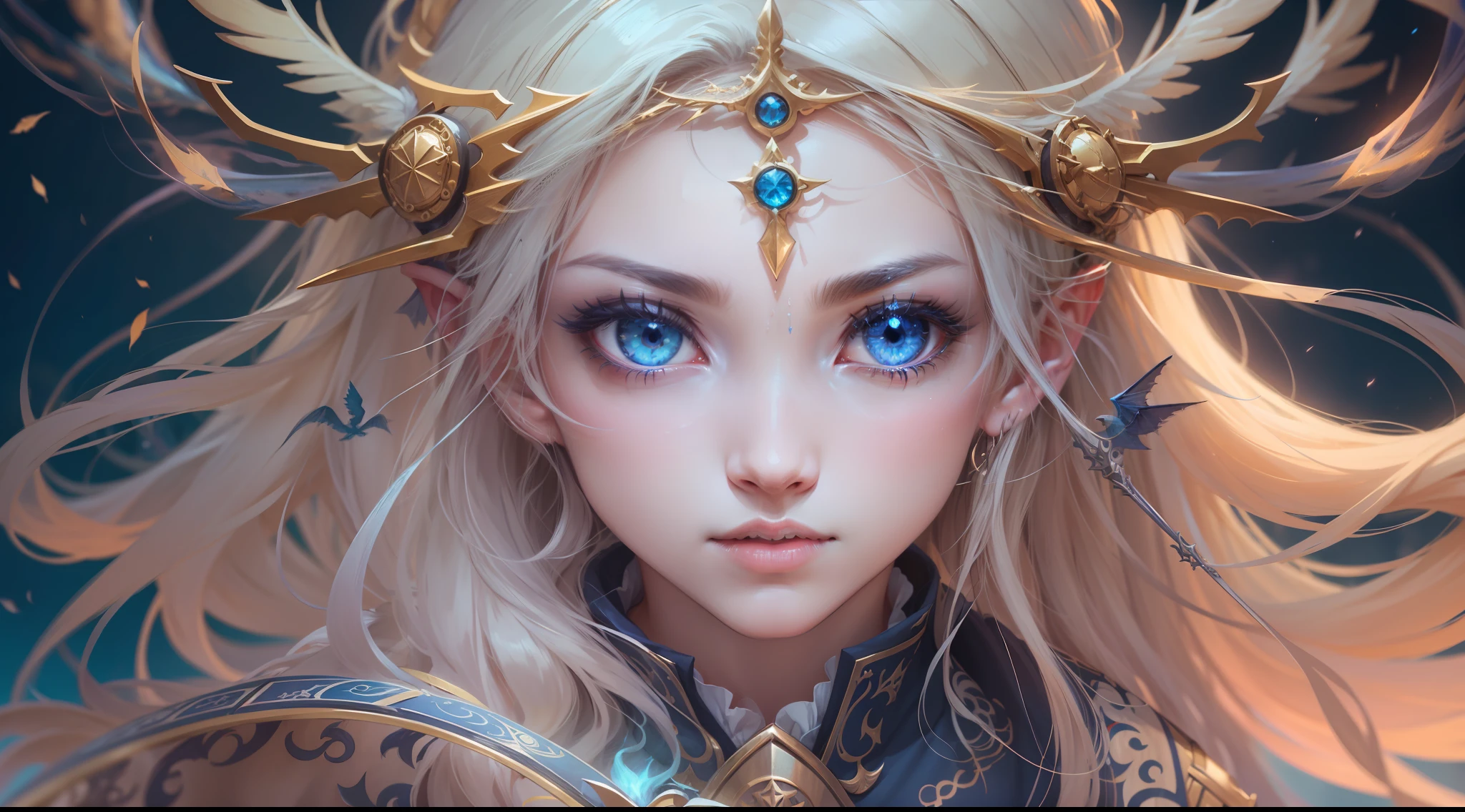 Death,Blood,Night, Dark, (Fantasy),infinite,deep blue sky,The abyss of knowledge,Cowledge,((masutepiece)), (((Best Quality))),((Beautiful fine eyes)),(Eye lashes)、beautiful  Girl、The dragon、(女の子1人)、Golden hair、The long-haired、abyss eyes、glowy skin、oils、small tits、(Bird body、pluma)、Wizard robes、tattered cloth、Teenchi、elvish、Super delicate CG Unity 32k wallpaper、​masterpiece, ((ultra-detailliert)), ((illustratio)),colourfull,wall-paper,The energy,Unknown terror,Incomprehensible,Around the magic,Magical surroundings,magic wands,Boken,Flying pages,Know everything,Predict the future、Get to know the past、Infinite wisdom、blue flames、Warlock、magic circles、Pentagram、Spells、mantra、Singing magic