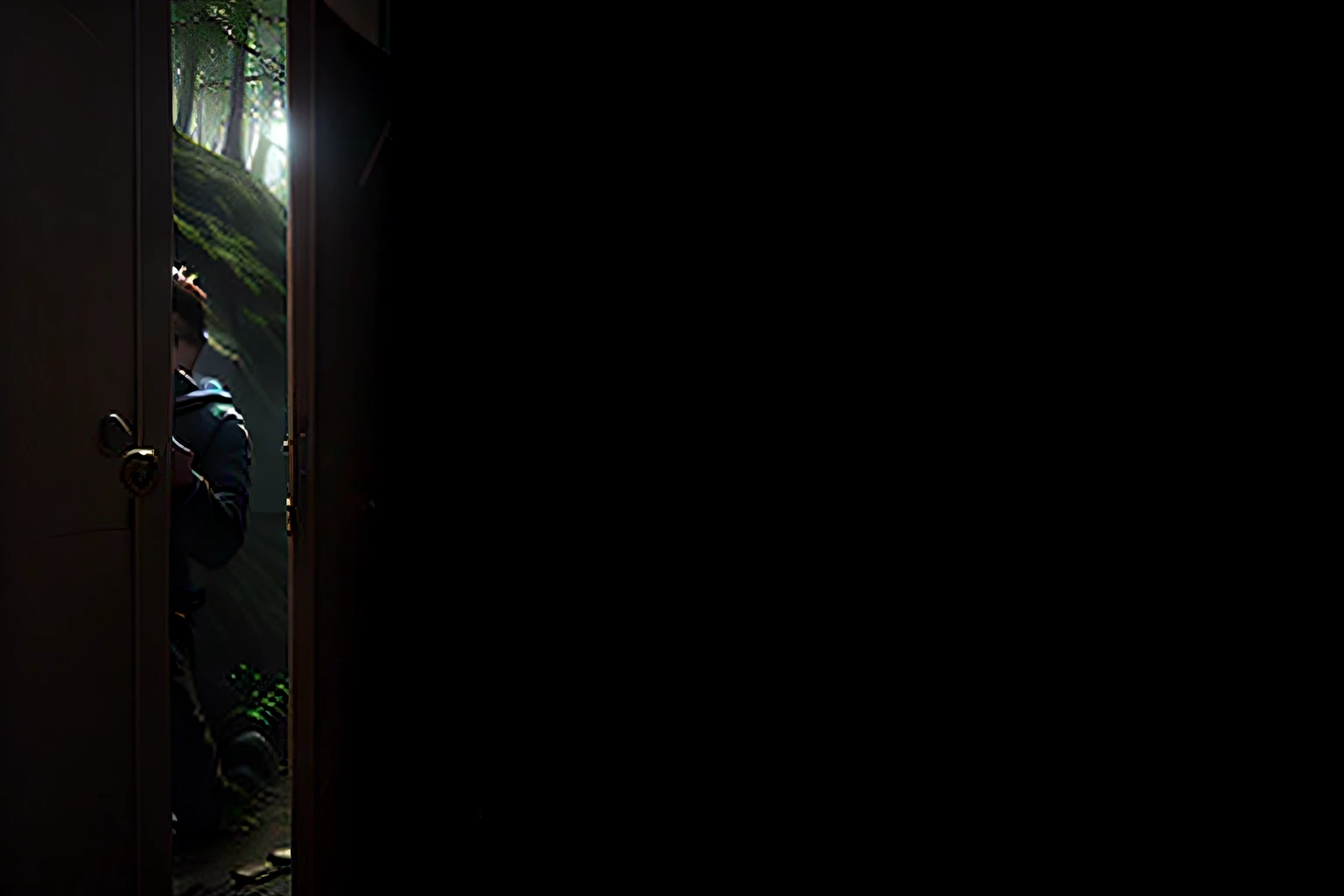 a young man hiding behind the door gap, Semi open door in a mysterious and mystical forest, Mystical background, alta qualidade, UHD, Luminous Studio graphics engine, Ultra realista