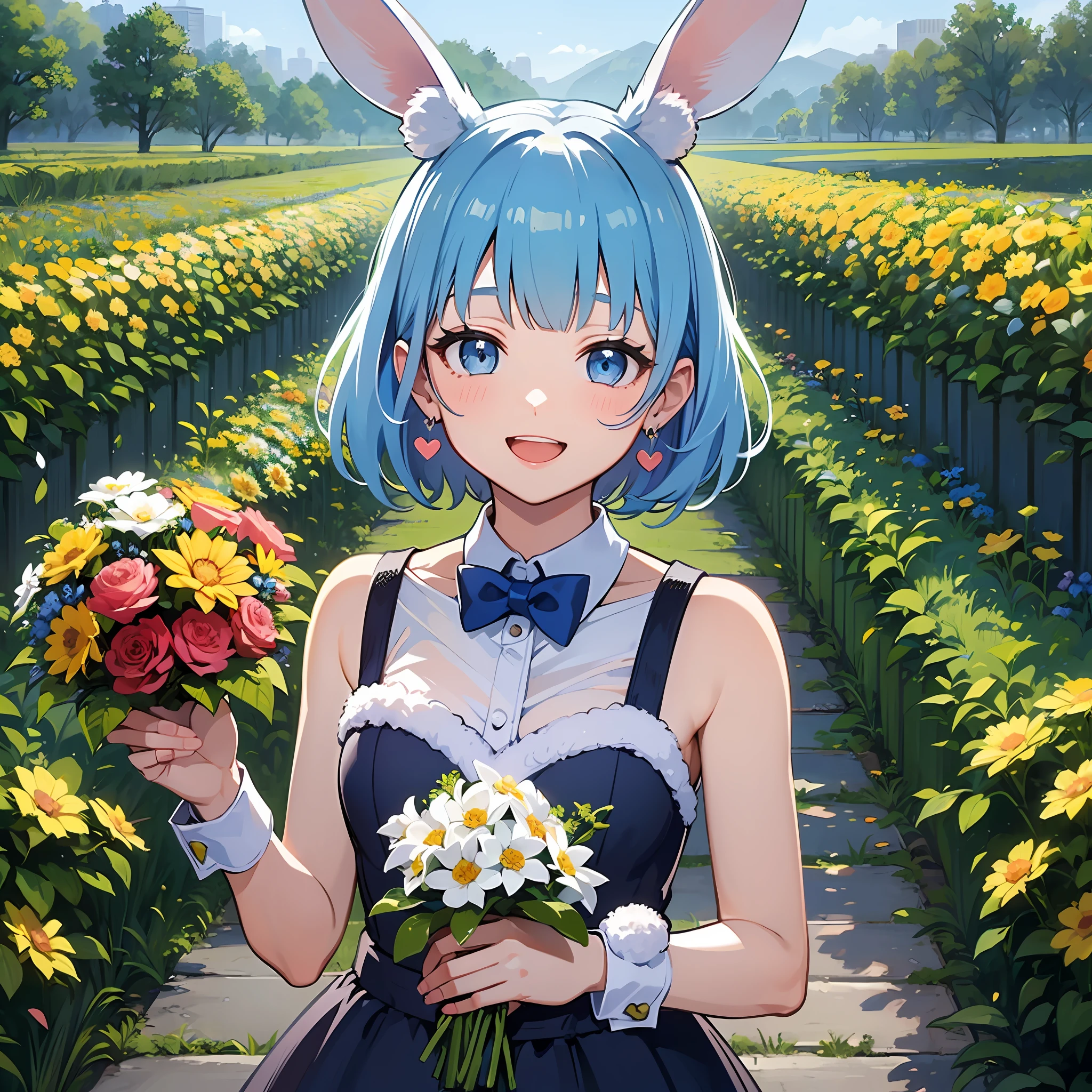 (masterpiece:1.3), (best quality:1.3), high resolution, 


upper body, 
holding, body facing forward, 

(one cute girl:1.3), solo, 
white skin, small ??????, eight-headed person, 
light blue hair, (bobbed hair:1.2), short hair, (blunt bangs:1.2), beautiful hair, blue eyes, beautiful detailed eyes, 

happy, heart, cheerful smile, 

bouquet, blue check skirt, Idol costumes, (rabbit ears:1.3), earrings, 

outdoors, beautifully detailed sky, flower garden, 

shadowlighting,