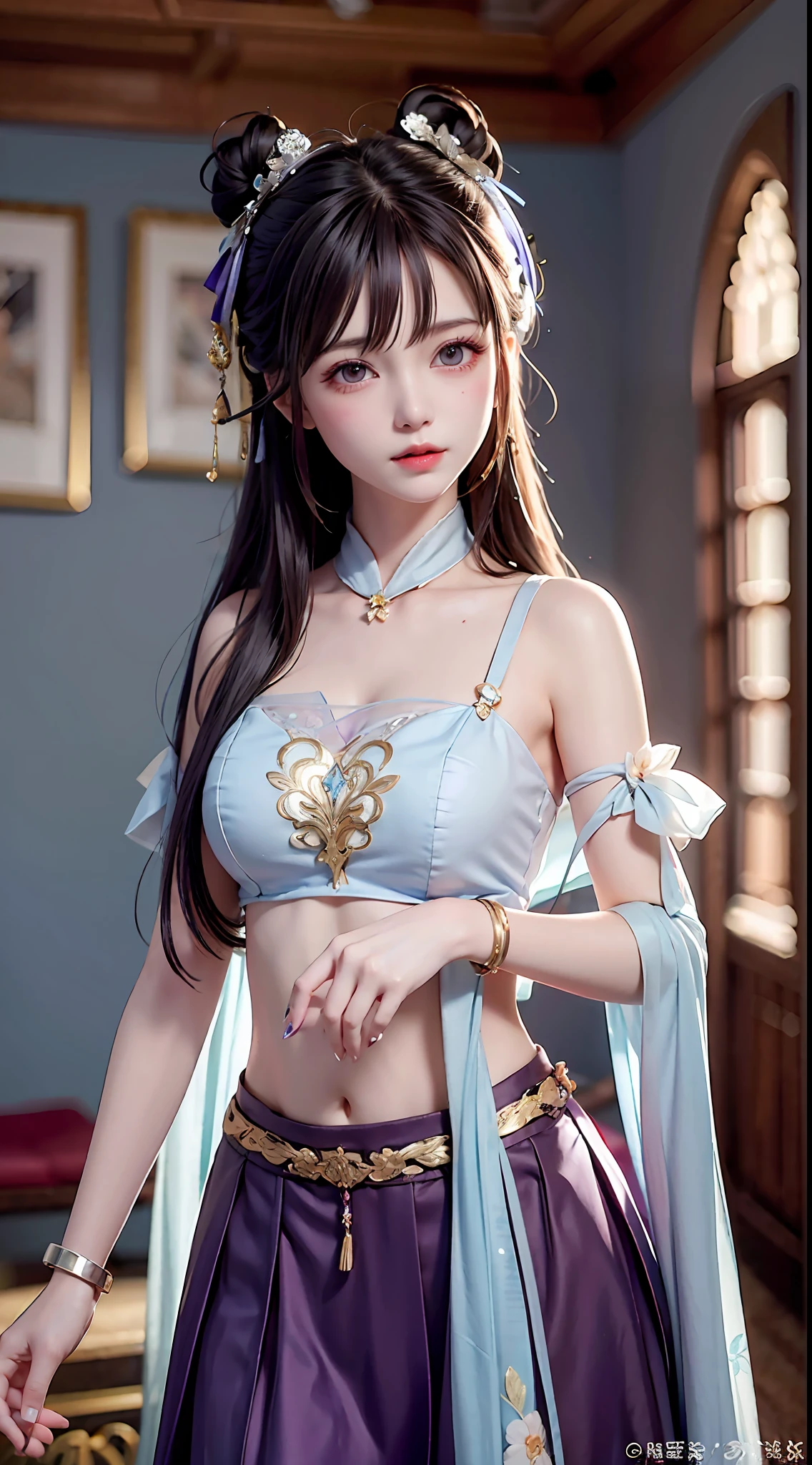 Bust photo, a beautiful woman, messy hair, girly, symmetrical bun, hair accessories, jewelry, delicate face, eye shadow, purple top, purple, purple, crop navel, purple long skirt, Dunhuang style, delicate embroidery, silver decoration, silver streamer, white streamer, light blue streamer, delicate skin, soft light effect, delicate and smooth hair, delicate details, eye highlights, fair skin, fine portrayal, extreme details, cinematic quality, thin, slender, broken, hair details, thin bangs, shawl hair, right body, shadow, air bangs, 8K, super fine, fine fabric texture, soft, smooth, smooth texture, Dunhuang style, delicate pattern, correct hand painting, anatomy correct, accurate, night, dark night, lighting, Tyndall effect, ray tracing, HUD,