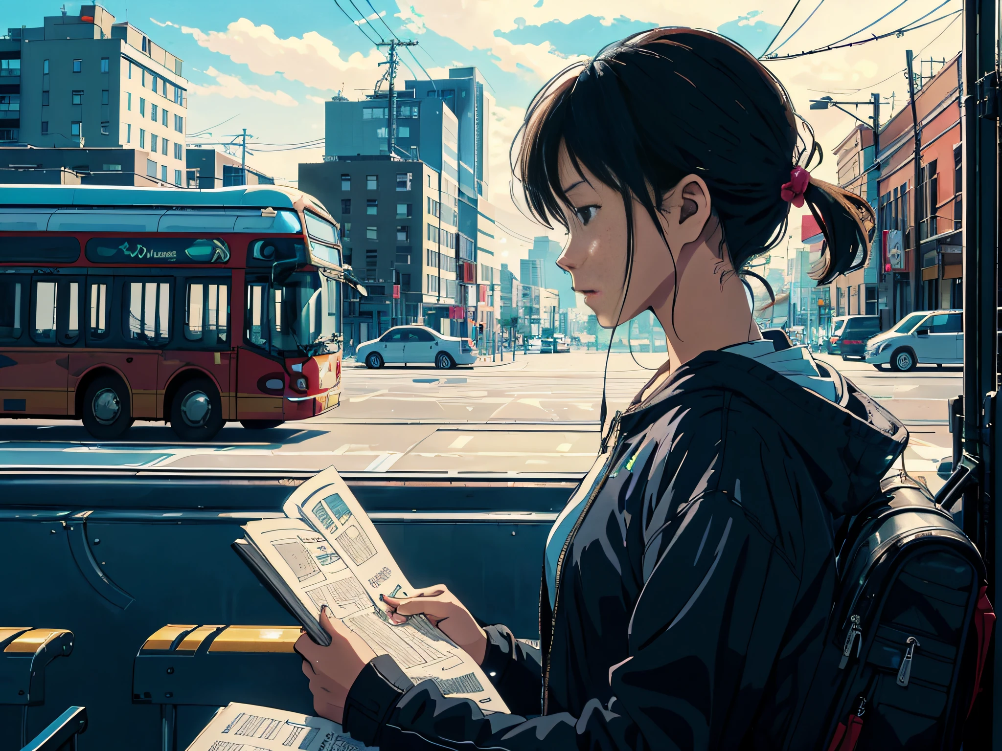 Anime girl reading on bus in city, Anime art wallpaper 4k, Anime art wallpaper 4 K, lofi-girl, Anime art wallpaper 8 K, beautiful, solo, (establishing shot:1.5), (side view:1.5), in a city street