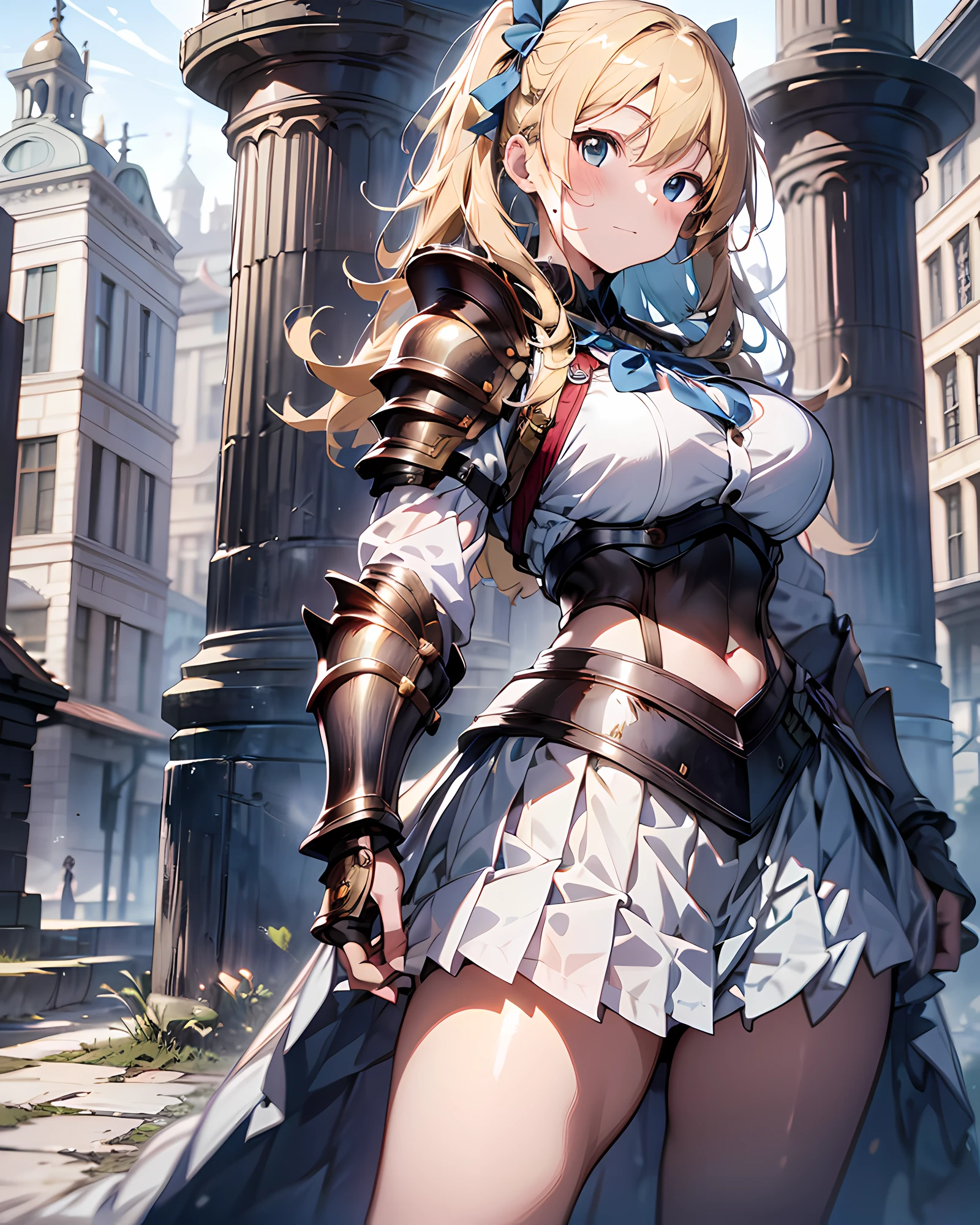 ((illustration of training blonde princess Knight at royal palace), Masterpiece, best quality, (absurdres)), ((highres)), (ultra-detailed:1.3), (full body shot:1.3), (1 girl:1.3), character focus, BREAK,  (wearing a white knight heavy armor with a pleats skirt:1.37), plate mail, BREAK, (blonde hair:1.3, pony-tail hair with blue hair ribbon), (large breasts:1.37, disproportionate-breasted:1.27), slender, abs, clean face, detailed beautiful face, (beautiful anime waifu face:1.3), full-face blush, sweat, fog, steam, gorgeous royal palace at early morning background, (standing, open stance, random dynamic posing), serious emotion, princess smile, detailed eyes, detailed arms, detailed hands, detailed figures, detailed body, sharp focus, centered image, looking straight viewer,