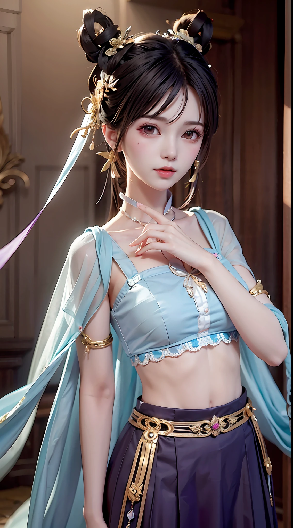 Bust photo, a beautiful woman, messy hair, girly, symmetrical bun, hair accessories, jewelry, delicate face, eye shadow, purple top, purple, purple, crop navel, purple long skirt, Dunhuang style, delicate embroidery, silver decoration, silver streamer, white streamer, light blue streamer, delicate skin, soft light effect, delicate and smooth hair, delicate details, eye highlights, fair skin, fine portrayal, extreme details, cinematic quality, thin, slender, broken, hair details, thin bangs, shawl hair, right body, shadow, air bangs, 8K, super fine, fine fabric texture, soft, smooth, smooth texture, Dunhuang style, delicate pattern, correct hand painting, anatomy correct, accurate, night, dark night, lighting, Tyndall effect, ray tracing, HUD,