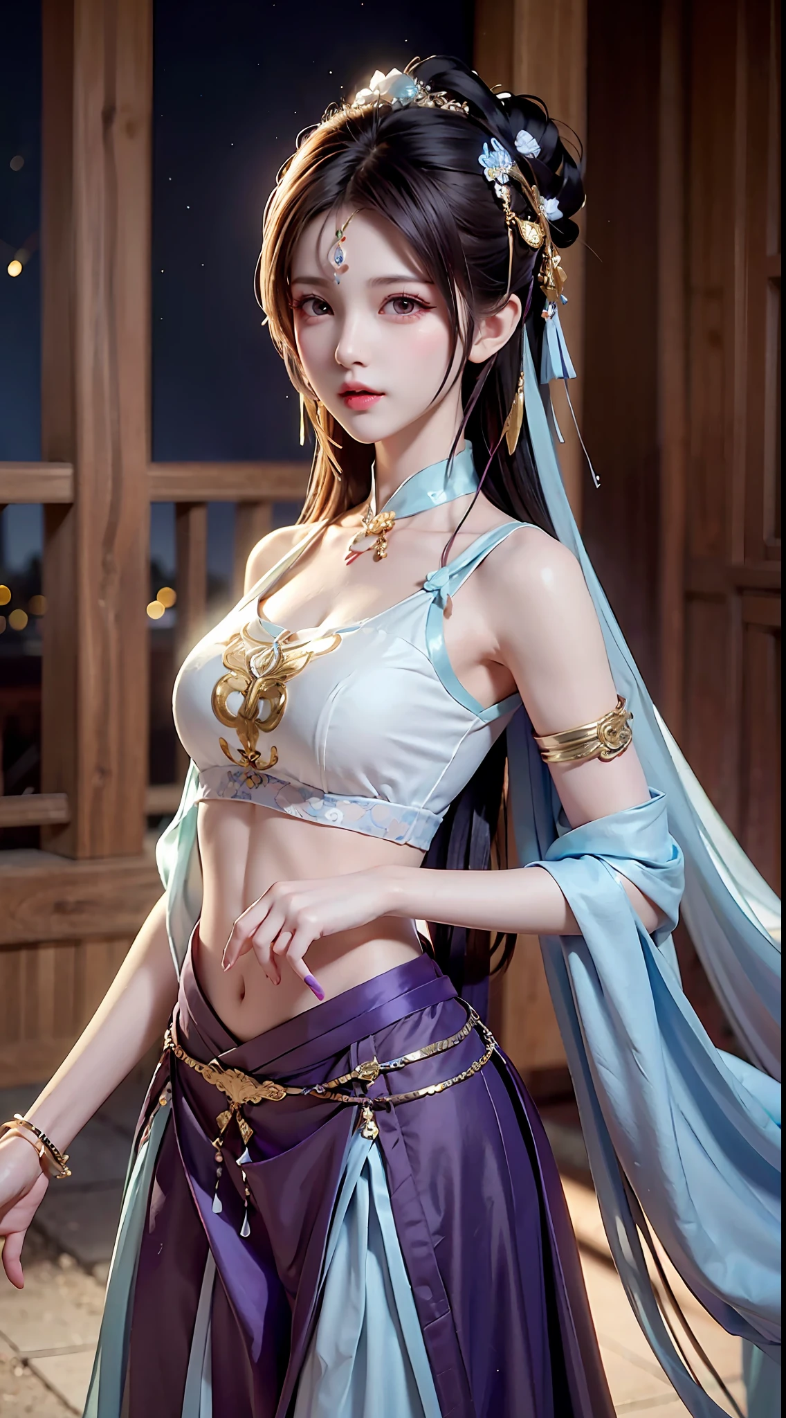 Bust photo, a beautiful woman, messy hair, girly, symmetrical bun, hair accessories, jewelry, delicate face, eye shadow, purple top, purple, purple, crop navel, purple long skirt, Dunhuang style, delicate embroidery, silver decoration, silver streamer, white streamer, light blue streamer, delicate skin, soft light effect, delicate and smooth hair, delicate details, eye highlights, fair skin, fine portrayal, extreme details, cinematic quality, thin, slender, broken, hair details, thin bangs, shawl hair, right body, shadow, air bangs, 8K, super fine, fine fabric texture, soft, smooth, smooth texture, Dunhuang style, delicate pattern, correct hand painting, anatomy correct, accurate, night, dark night, lighting, Tyndall effect, ray tracing, HUD,