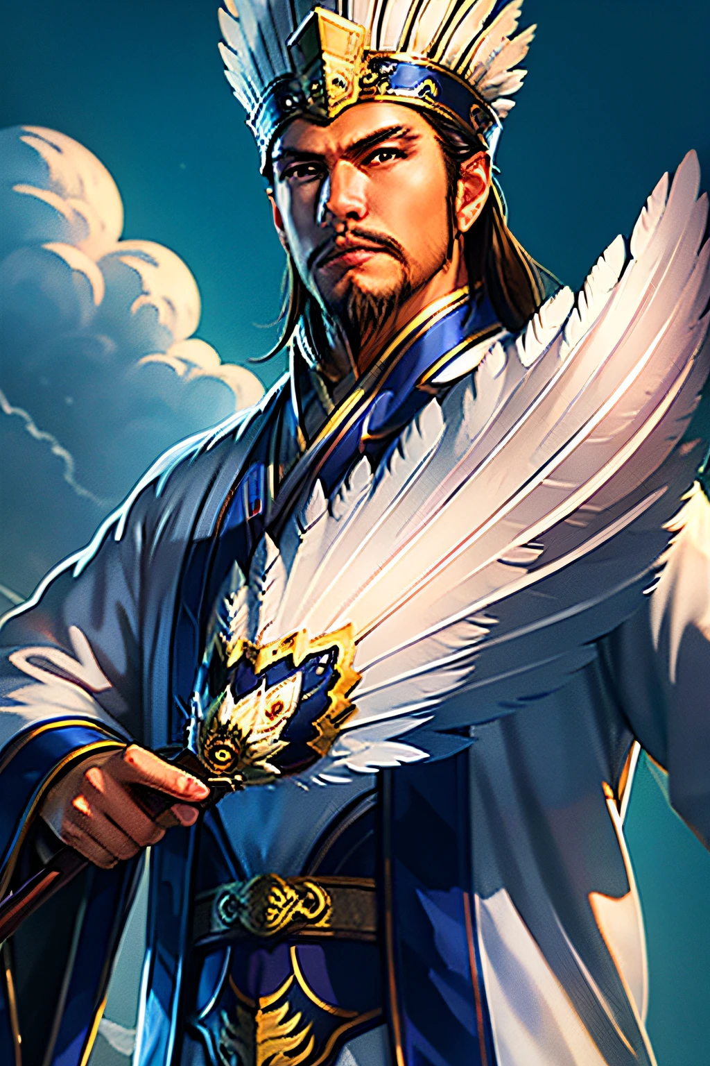 1boy, (8k, best picture quality, masterpiece: 1.4), final fantasy, (fantasy), (lighting), solo, white chinese chat, chinese clothes, (handle Feather Fan), feather, white cloth, cloud, eagle, wings