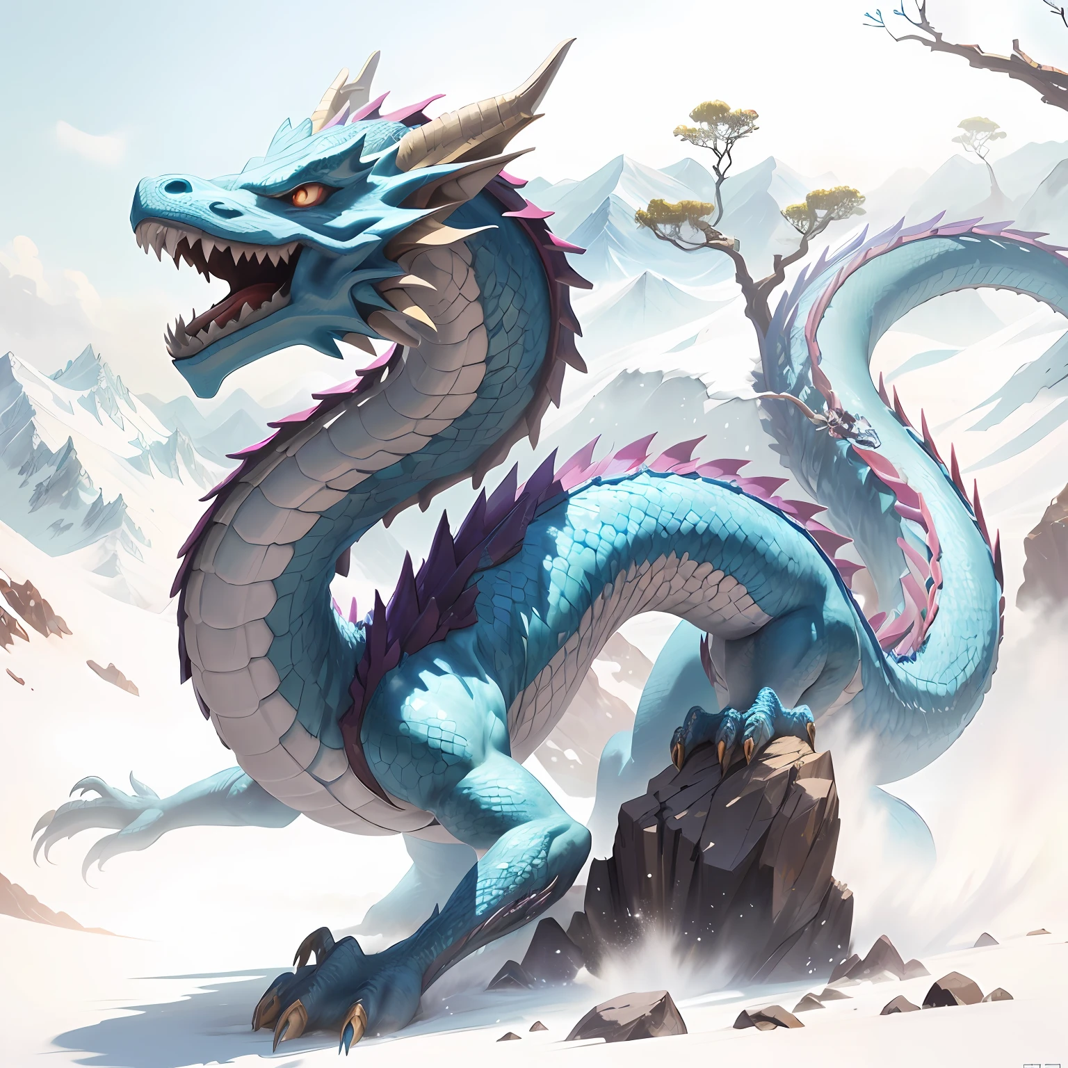 There is a blue dragon standing on the rock, cyan chinese dragon fantasy, Blue dragon, Frost Dragon, chinese dragon concept art, blue scaly dragon, Dragon Art, Legendary Dragon, D&d commision art dragon, smooth chinese dragon, Dragon, epic dragon, water dragon, long dragon, oil painting of dragon, drak, A majestic，a dragon， colorful， mountain peaks， waterfallr， baiyun， tmasterpiece， Best quality at best， The is very detailed， finely detailled， offcial art， Unity 8k壁纸， 4K，8K，UHD， highly  detailed， bblurry， blurry_background， blurry_foreground，depth_of_field，motion_blur，（realisticlying，photo-realistic：1），The golden dragon，Blue scales， --auto