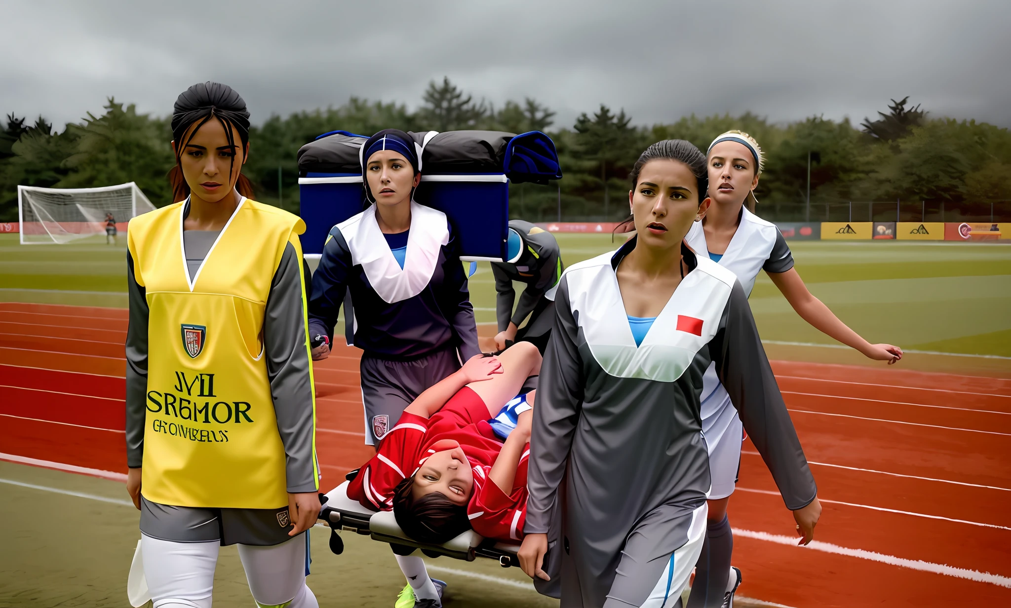 a soccer scene in a sports stadium, cool and wet weather conditions, humide ground, rainy sky, injury scene in a sports stadium, stretcher carry, there are four female medics carrying a stretcher, there are four female medics in very shiny coats who are carrying a stretcher in a sports stadium, there is a wounded male soccer player in a matte short cotton sports outfit lying on the stretcher, an injured male soccer player in matte cotton sportswear is lying in pain on a stretcher, a soccer player in matte cotton sports clothes is rearing up in intense pain while lying on a stretcher, dramatic scene, theatralic posing scene, dramatic pity scene, injury soccer, first aid, help, pity, there are four female medics in wetlook high-shine coats who are looking very sad and very terrified and very shocked, the injured soccer player is screaming out in pain while he is carried from the pitch on a stretcher