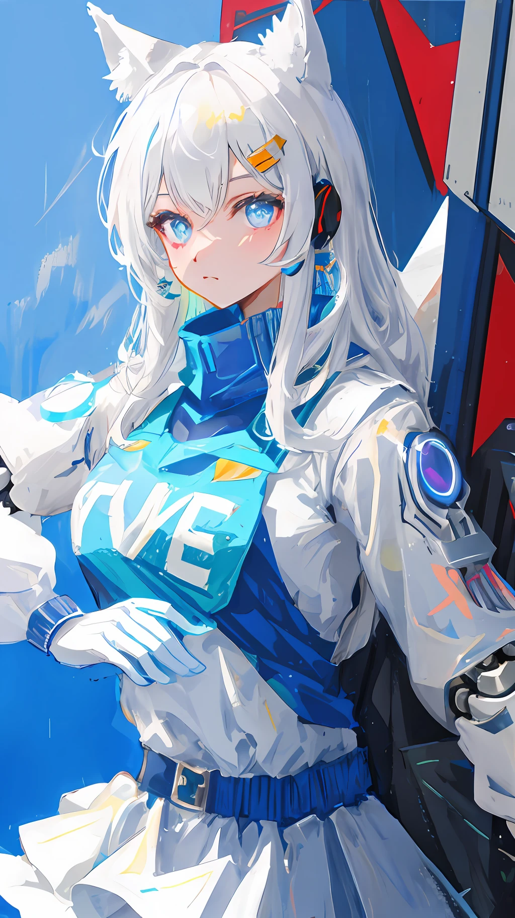 The robot is white,Blue bib,There are wolf ears 8K