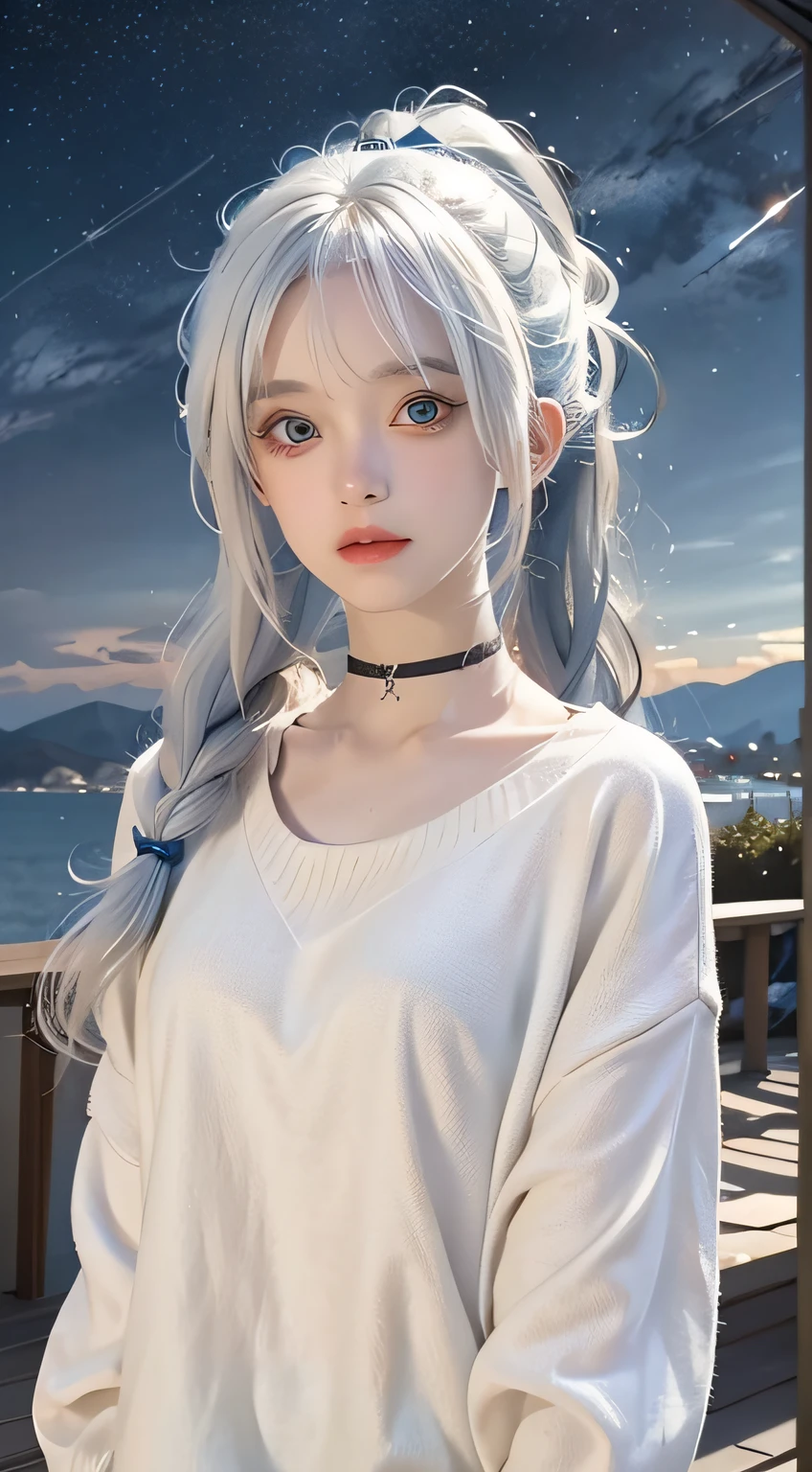 anime character,A girl with white hair and bule eyes,starry sky,choker,beautiful detailed eyes,look at viewer,sweater,seaside,Nightscape,A girl with two ponytails,sea,Mountains in the distance,Expressionless,,