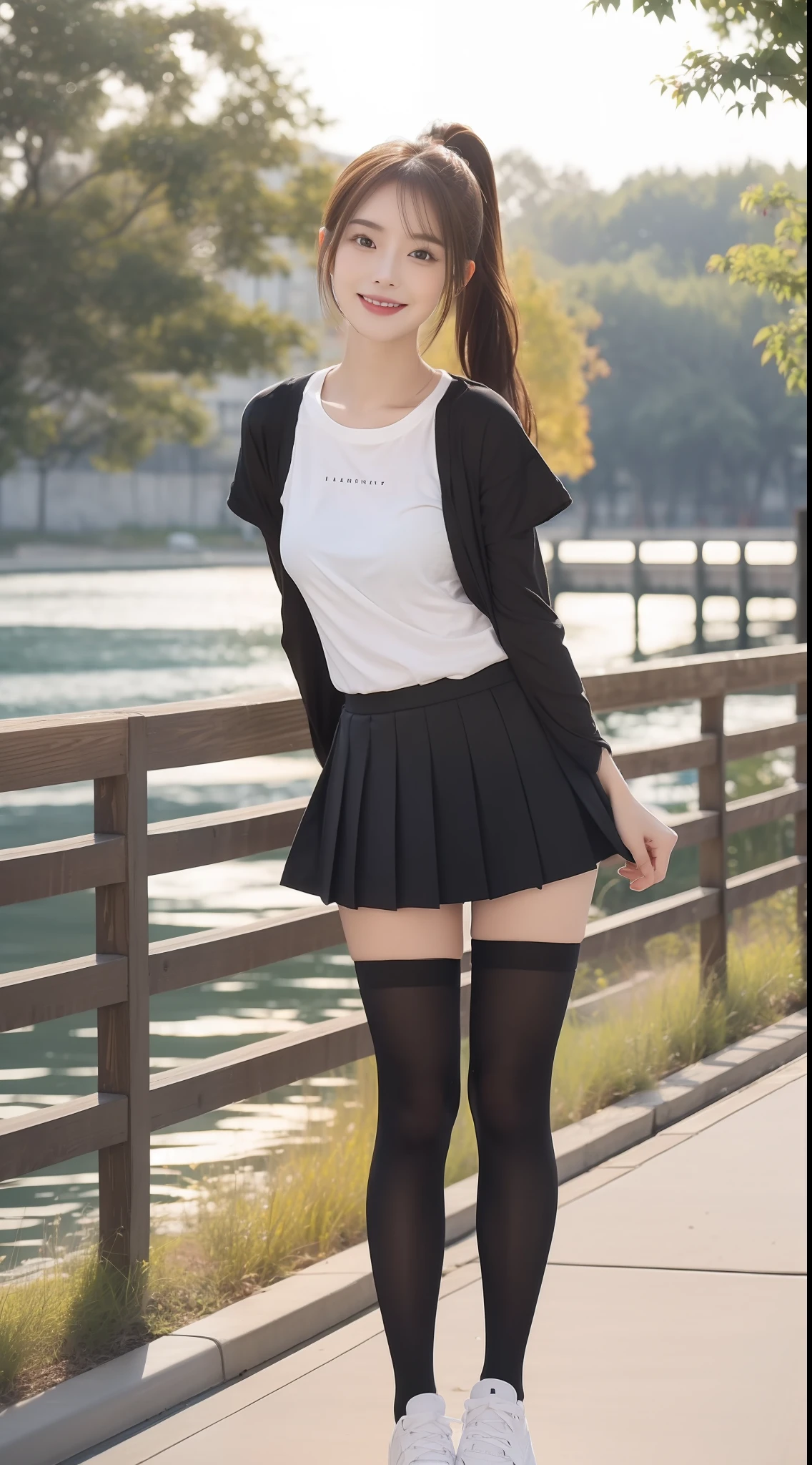 (true to life,Photorealistic 1.5),((best qualtiy, 8K, tmasterpiece:1.3)), (二重まぶた,largeeyes:1.3),(smile1.5),(Full body photo 1.5)(One person 1.5)Clear focus 1.2, Perfect body beauty:1.4 , Delicate skin1.1,(Long brown hair 1.5),(Delicate facial features1.4),(Pure desire 1.3)(Black over-the-knee stockings 1.5)(double-ponytail,1.5),Cute white T-shirt,a black pleated skirt,Slender legs,athletic sneakers,A wooden bridge standing on the stream