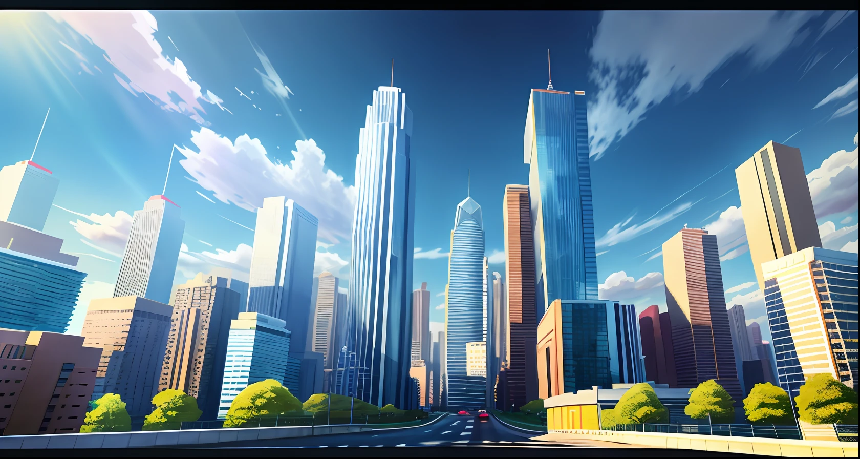 both sides, City high-rises, The middle road is wide, Under the sunlight, In the daytime, Dazzling light, three sided view, tachi-e, letterboxed, first-person view, blind box toy style, UHD, textured skin, high details