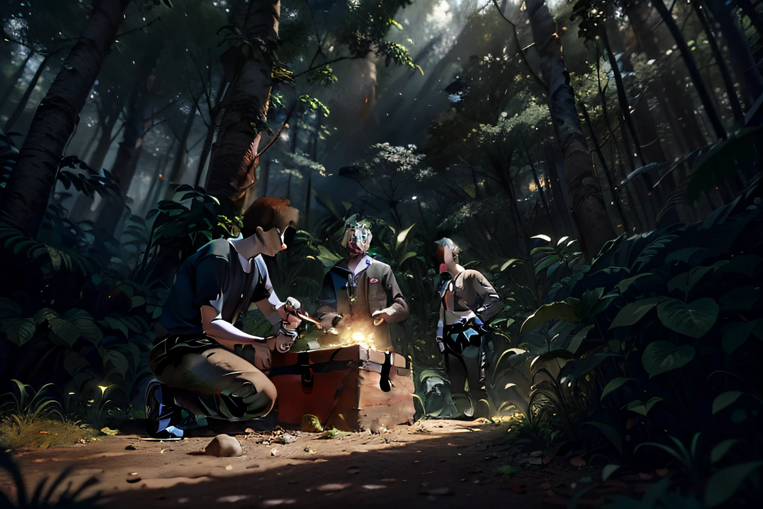 Three young men find a shiny treasure chest in front of them on the ground, in a mysterious and mystical forest, Mystical background, alta qualidade, UHD, Luminous Studio graphics engine, Ultra realista