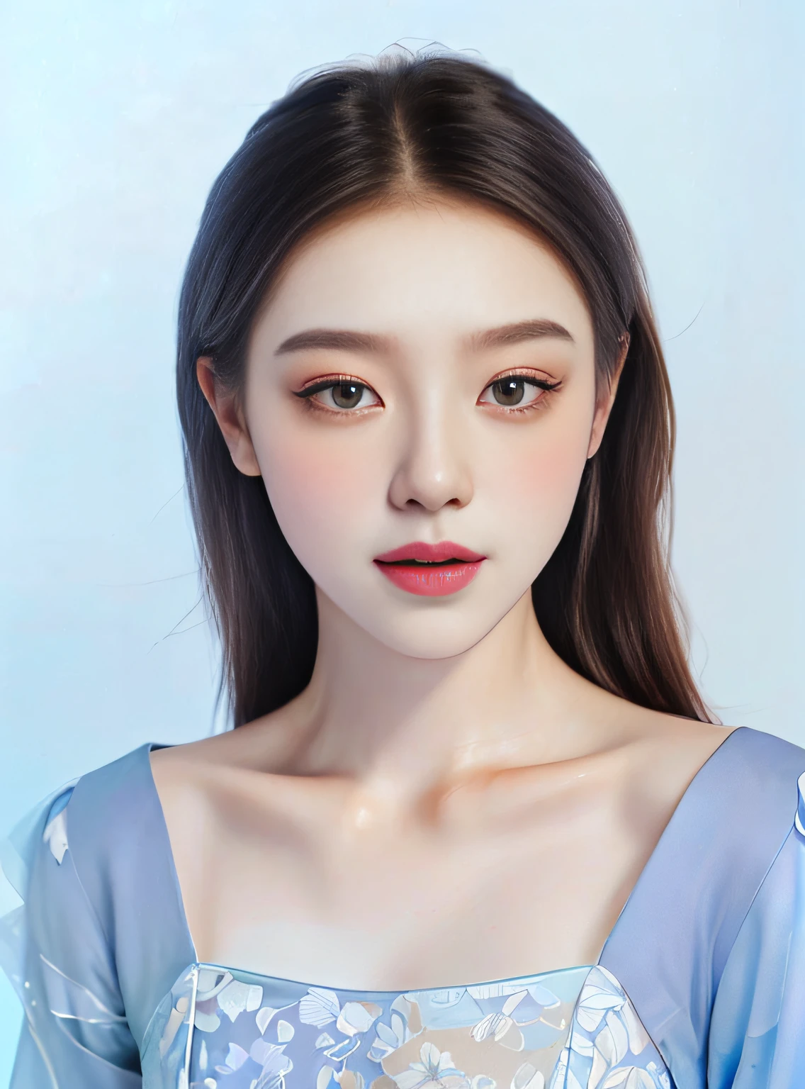 a close up of a woman with long hair wearing a blue dress, Gorgeous young Chinese woman, cabelos preto e longos,(blue tshirts),Single Eyelids,Korean symmetrical face, cute delicate face, beautiful delicate face, solid color backdrop,Pale color background,Korean face features, beautiful aesthetic face, Pastel portrait shot 8K,A picture,Hyper Real,ID photo,8K best quality,tmasterpiece,unitywallpaper(realisticlying,photograph realistic:1 37)Amazing,A masterpiece of exquisite detail,best qualtiy --auto