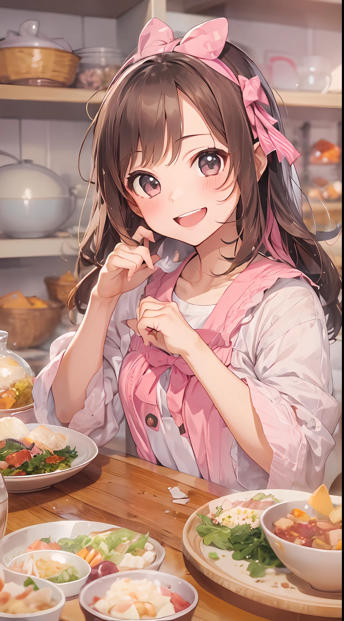 The image of a cute girl who likes pink, appearance々Eat a feast of dishes, With a smile and posing for the camera, With cute gestures.