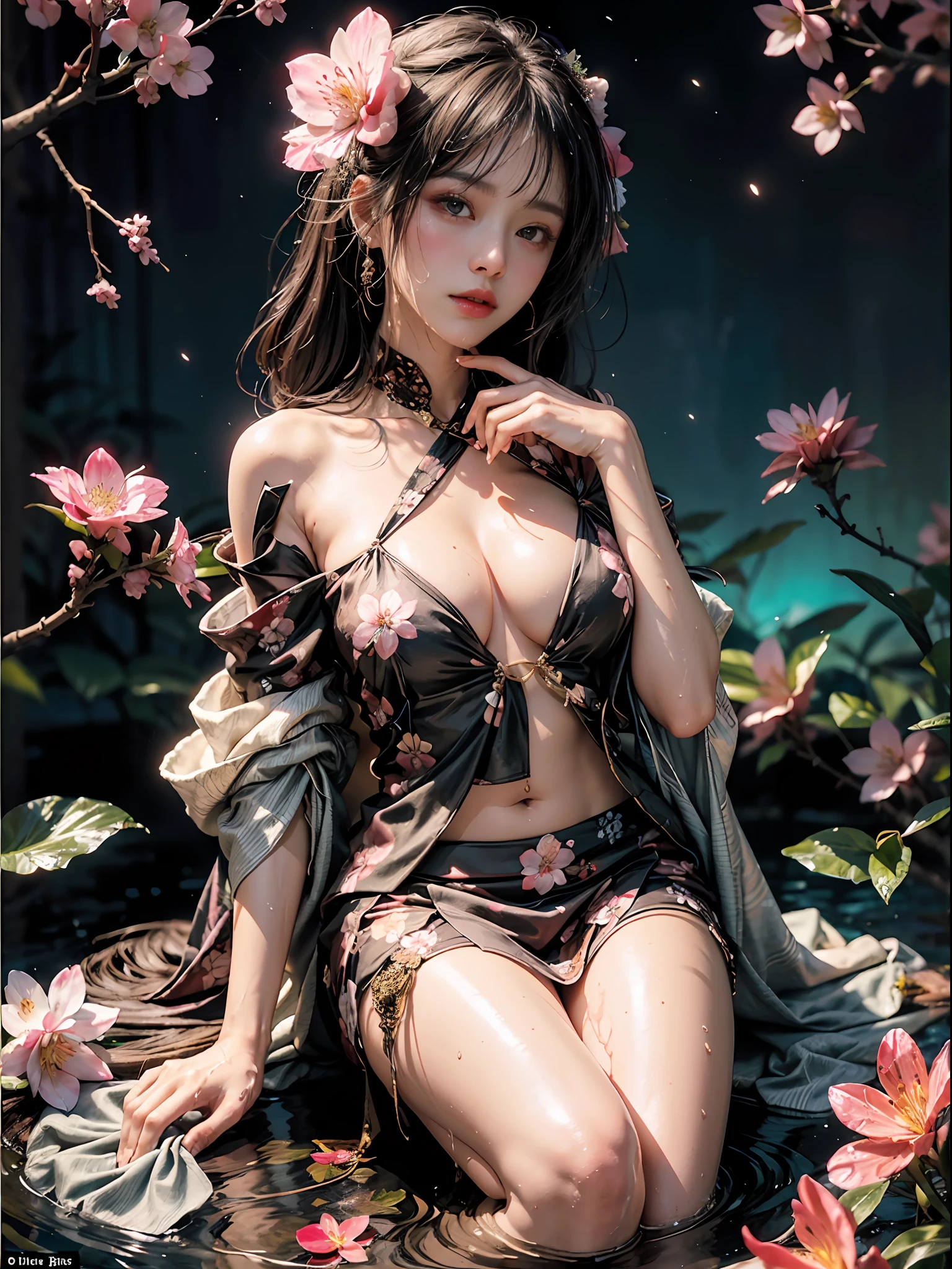 Loose dark color、Black attire、Show shoulders、How to wear a broken see-through kimono、Decorated with intricate patterns and bright colors、Transparent material、Artistic depiction of seductive woman in kimono with wet thin cloth and transparent skin, Floral and fantastic pattern with flowing silky traditional see-through skin。Her dress draped elegantly around her curvaceous figure、Emphasizes her charming silhouette。She is sitting on a chair in a sexy pose at night when gentle fireworks go up、bathed in the soft glow of moonlight。The scene is、With a hint of mystery and sensuality、It exudes an ethereal dreamy atmosphere。The image style is、Incorporates a blend of watercolor and digital illustration techniques.、It makes you feel delicate beauty and charm。Soft moonlit lighting、Cast gentle highlights and shadows on her mesmerizing features。Get down on both knees、Put your hands on the floor、The hand is somewhere、see -through、show through、A sexy、Wet hair、Wet、cherry trees、flower petals、cherryblossom、The cherry tree、Sakura blizzard、buried、Transparent skin、Wet clothes、A lot of big phalaenopsis in hair、Lots of floral ornaments、Lots of flowers in the background、Navel Ejection、milkyway、stele、nigh sky、Scenic、Superb view、