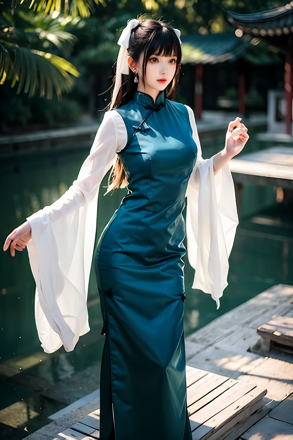 There is a girl in a green dress, plum blossoms, palaces, oriental architecture ray tracing, {best quality}, {{masterpiece}}, extremely detailed 8K wallpaper, {an extremely delicate and beautiful}, colorful, intricately detailed, Realistic, real, camera quality, (detailed depiction of clothes), cool white skin, (detailed depiction of blush), 1080p, sun, soft cuteness, smooth light silver hair, messy beauty, lighting, broken feeling, bright and silky skin , 3D stereoscopic, masterpiece, best quality, super fine illustration, beautiful eyes, very fine light, fine glow, very fine 8K CG wallpaper, peach eyes, red pupils, an extremely delicate and beautiful girl, 8k Wallpaper, best quality, full body close-up, white long dress, luxurious silky bright red chiffon floodlight (magic, glitter, ultra-thin, soft,) Hanfu