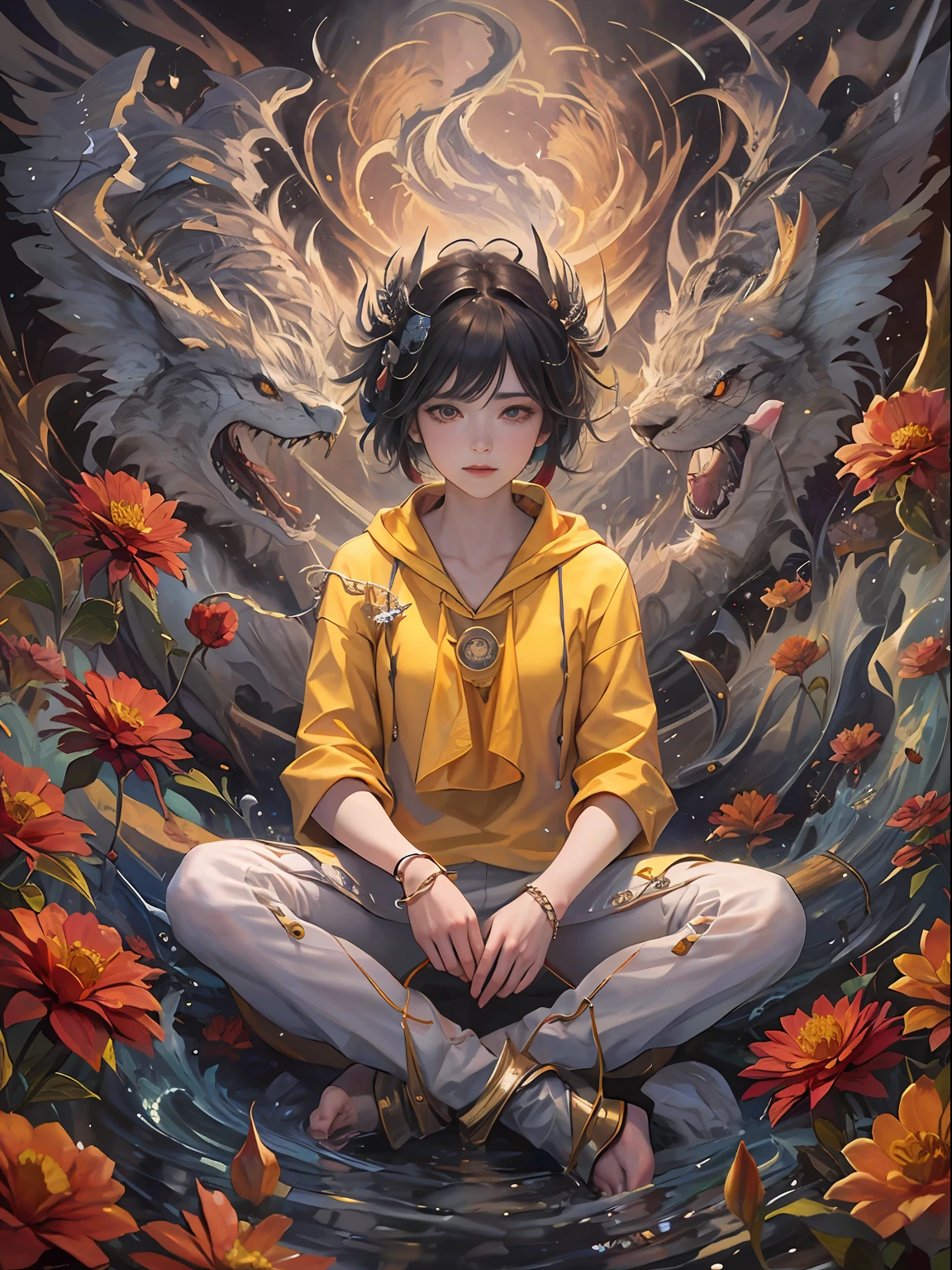 Realistic, (Masterpiece, Top Quality, Best Quality, Official Art, Beauty and Aesthetics: 1.2), Very Detailed, Fractal Art, Colorful, Most Detailed, Zentangle, (Abstract Background: 1.5) (1boy: 1.3), God, Black Hair, (Glowing Red Eyes), Mysterious, (Magic), Ice, ((Sitting on Giant Lycoris Ratata)), Lycoris Radiata, Yellow Springs Hell, Soul Ferryman, Ghost