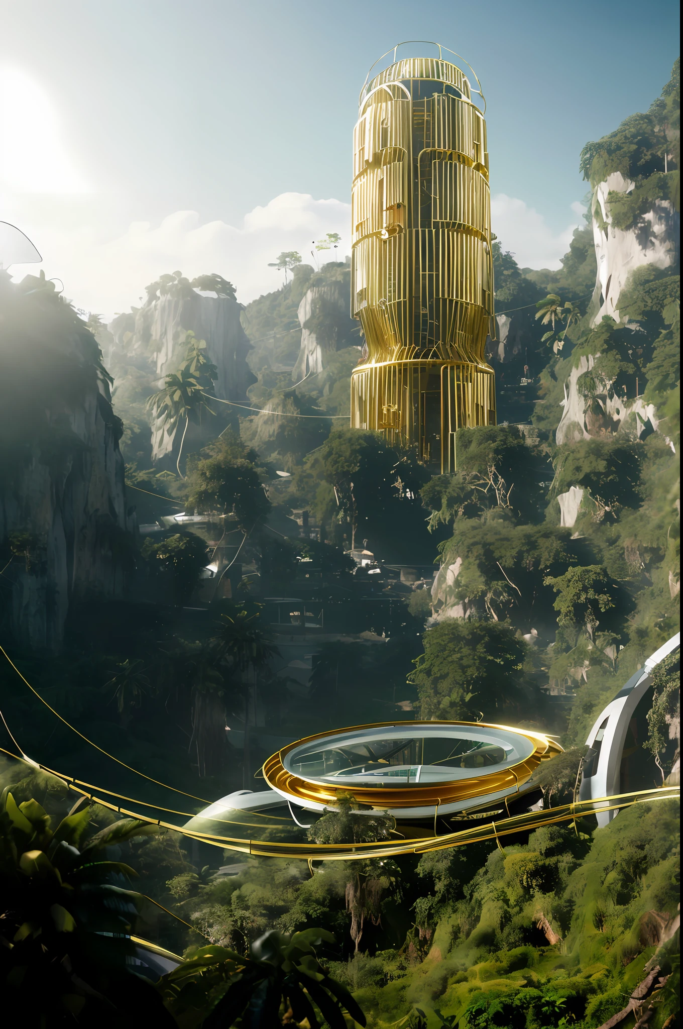 ((masterpiece, best quality)), 8k, one building in jungle. One tholl Cylindrical shape, smooth surface, gold, futuristic architecture style, like SpaceCraft, medium hight, futuristic tents at the base, satelit antene, photo realistic, hyper detailed photo, clean sky, jungle, cyberpunk, rainforest, alien planet, ((golden fence))