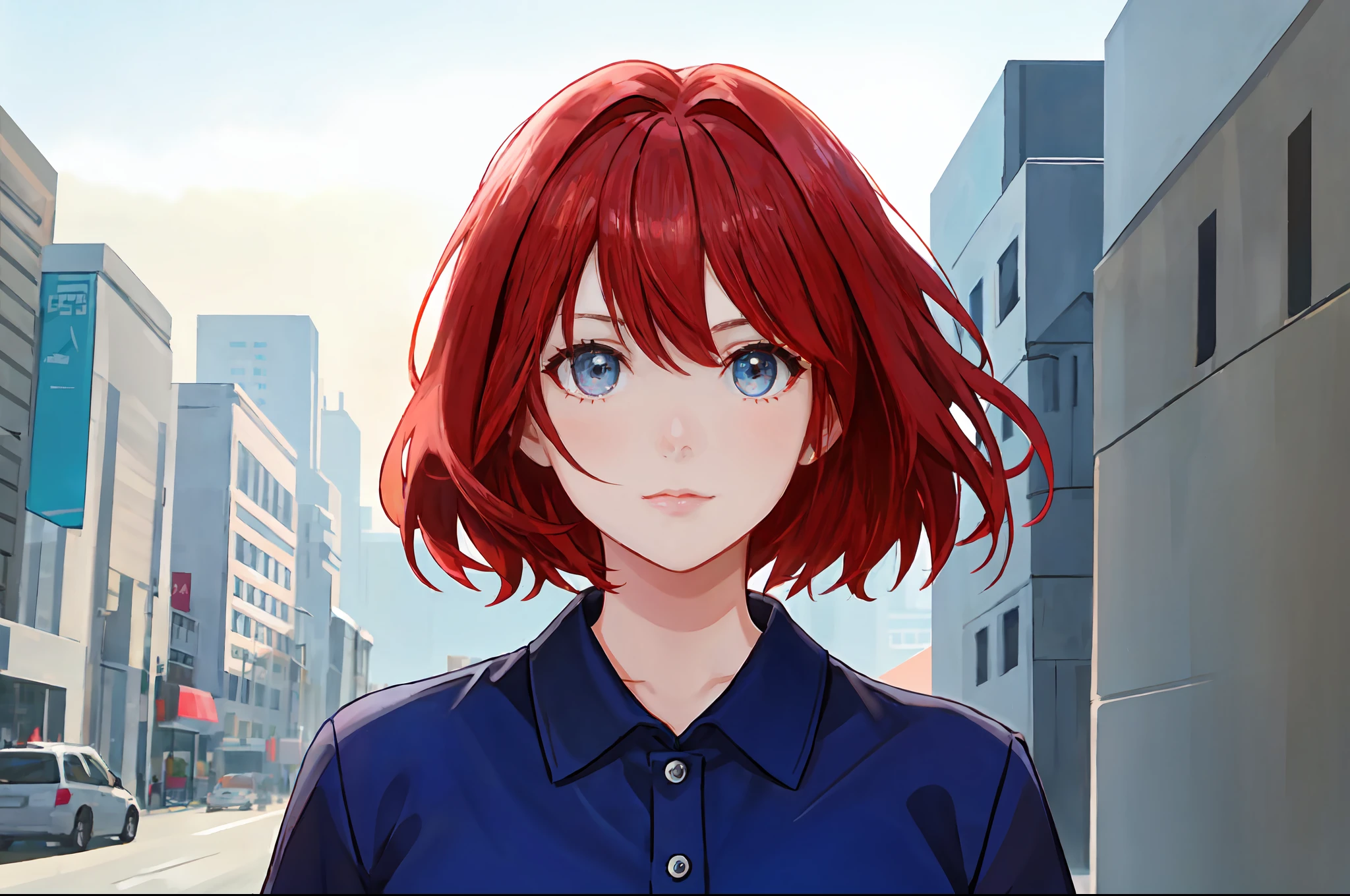 there is a young woman with a short hair and a blue shirt, a redheaded young woman, perfectly centered portrait, 7 0 mm portrait, red haired young woman, 4 k asymmetrical portrait, head centered portrait, landscape
