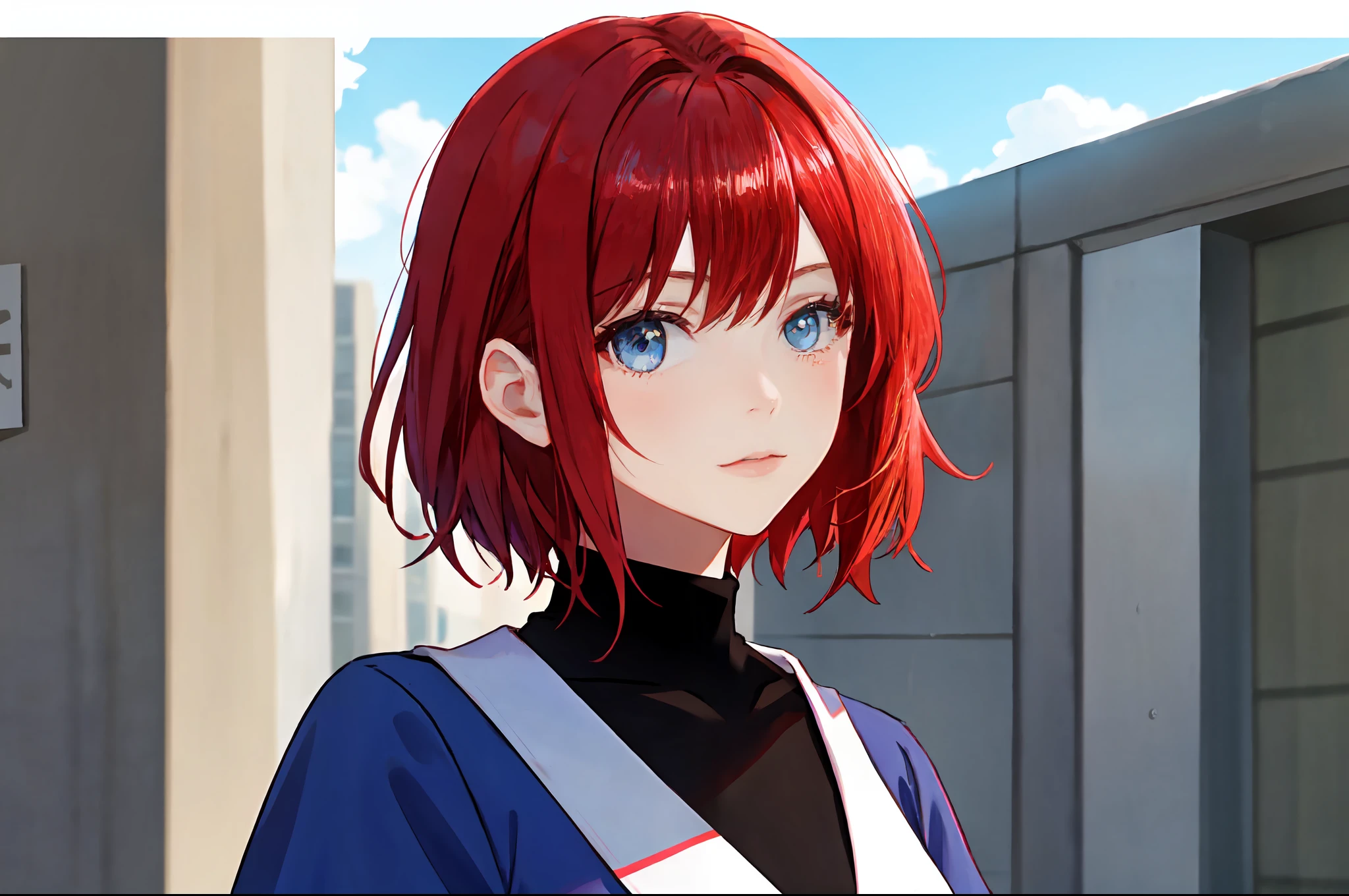 there is a young woman with a short hair and a blue shirt, a redheaded young woman, perfectly centered portrait, 7 0 mm portrait, red haired young woman, 4 k asymmetrical portrait, head centered portrait, landscape