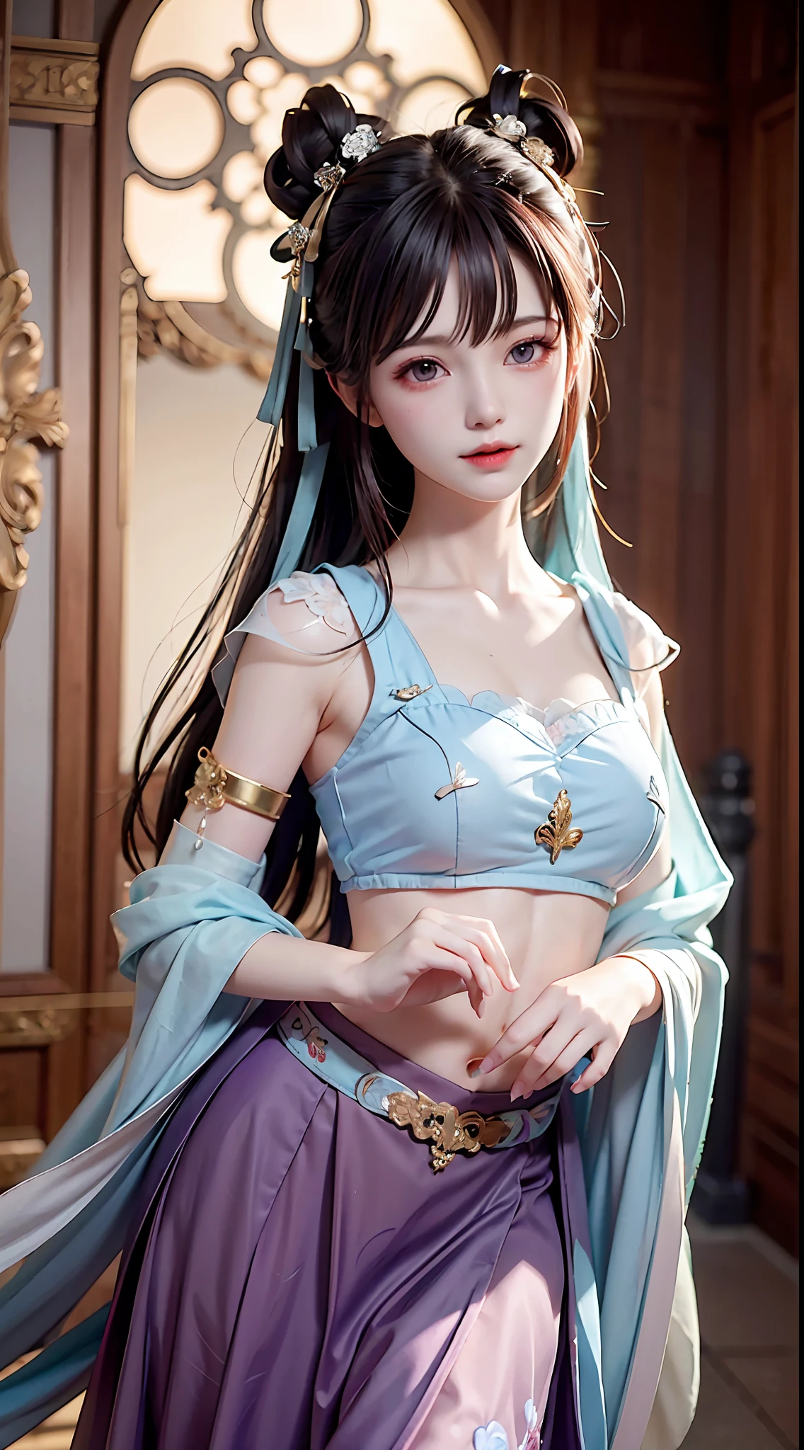 Bust photo, a beautiful woman, messy hair, girly, symmetrical bun, hair accessories, jewelry, delicate face, eye shadow, purple top, purple, purple, crop navel, purple long skirt, Dunhuang style, delicate embroidery, silver decoration, silver streamer, white streamer, light blue streamer, delicate skin, soft light effect, delicate and smooth hair, delicate details, eye highlights, fair skin, fine portrayal, extreme details, cinematic quality, thin, slender, broken, hair details, thin bangs, shawl hair, right body, shadow, air bangs, 8K, super fine, fine fabric texture, soft, smooth, smooth texture, Dunhuang style, delicate pattern, correct hand painting, anatomy correct, accurate, night, dark night, lighting, Tyndall effect, ray tracing, HUD,