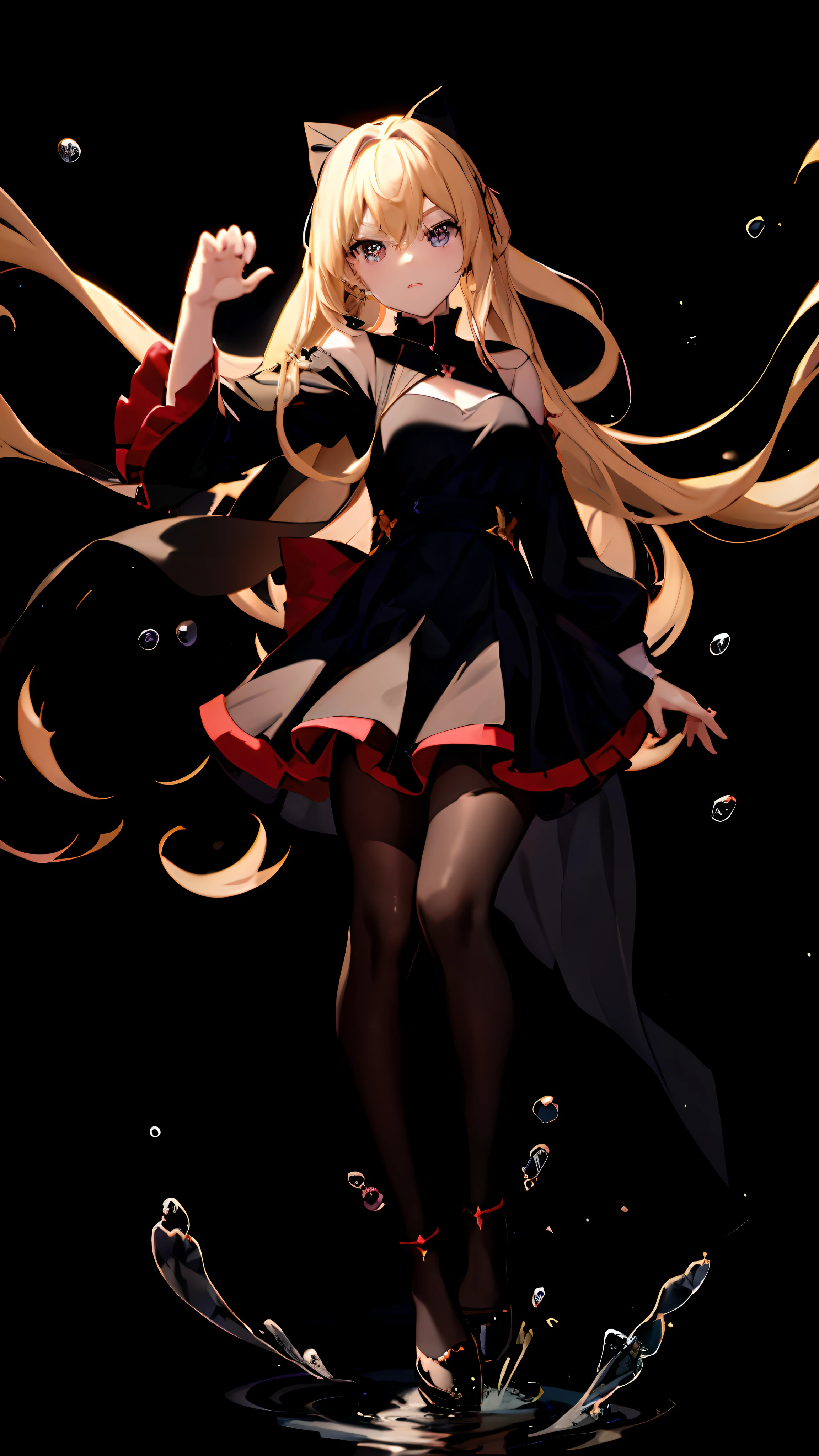 Anime girl wearing black dress，Long blonde hair and black cape，cute anime style，Energetic gesture，beautiful costume，An innocent expression，red bow，The art of splashing water，Abstract background，An anime goddess-like existence。