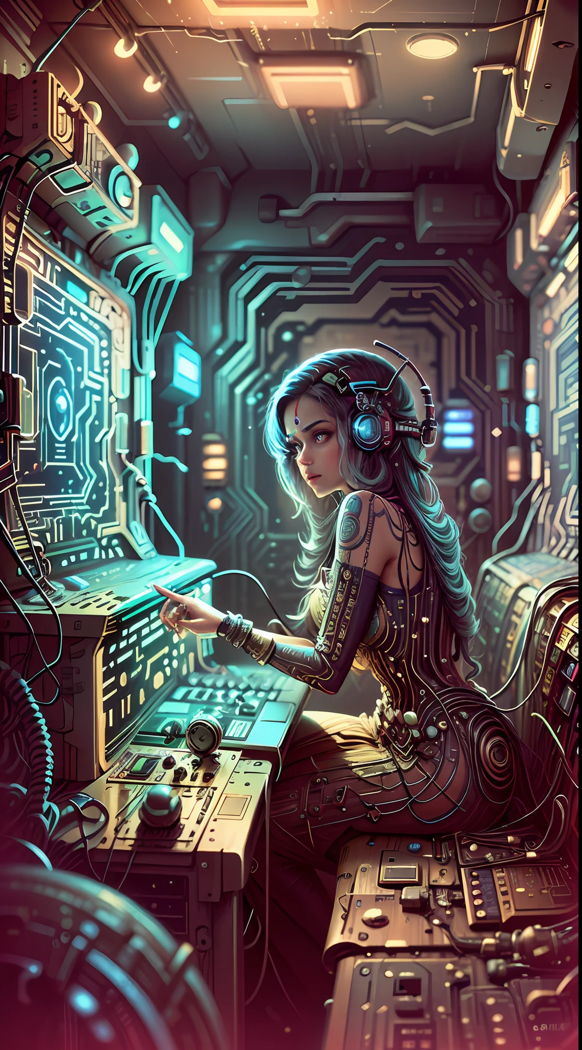 Anupama, A retrofuturistic scene of an arcade wired mess on macbook, analogue technology, mechanical delay, wiring components, ultrago austin metal wiring, iris van Buren, Karol Bak, Kiichi Obituary by Beksinski, david falls fanart gadget machine --auto --s2