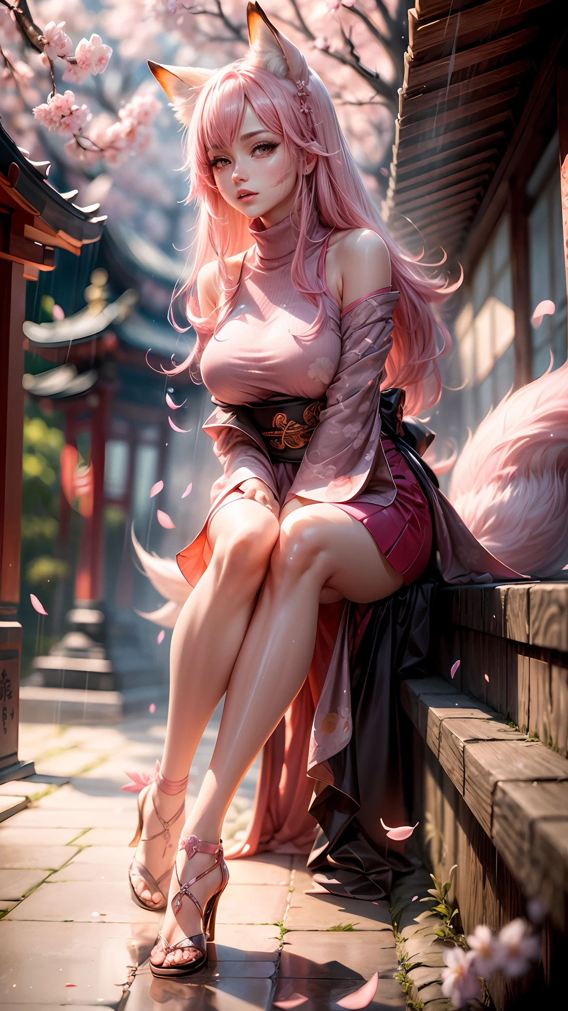 Best quality, hyper-high detail, very high res, Extremely detailed CG, 真实感，absurd res，fox ear，Huge colorful fox tail， 8K,Colorful, A 20-year-old nine-tailed fox girl,japanaese girl，Light turtleneck shirt，Detailed clothing patterns，tiese，(full body:1.3),Solo,Perfect body shape,(long leges:1.3)， sat on the ground，high-heels，(Black eyes), (Pink hair to shoulders), Extremely long pink diamond hair floating, blueribbon, Beautiful eyes,(Pink clothes:1.3),Wet clothes, Short pink skirt, detailed and beatiful face and eyes, ((Shiny skin)), Shiny hair, (detailed and beautiful shiny clothes, Temple，holy rays，japan temple，the cherry trees，Cherry blossoms flying，Rained，(dynamicposes:1.3)，low perspective，
